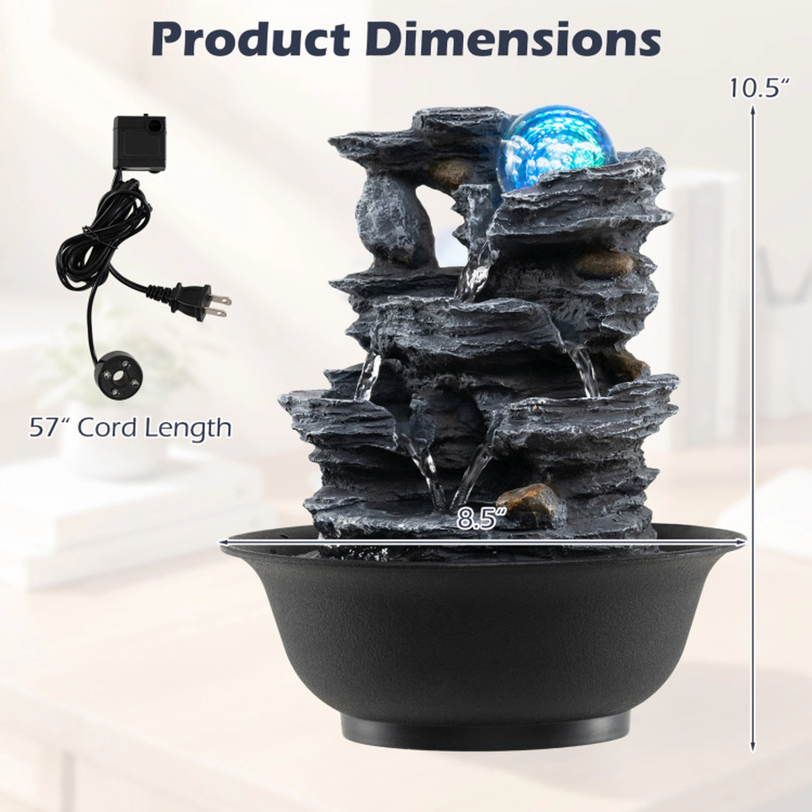 SUGIFT Multi-Tier Cascading Tabletop Water Fountain Rolling Crystal Ball Color-Changing LED 8.5 x 10.5-in 2.5-lb Black