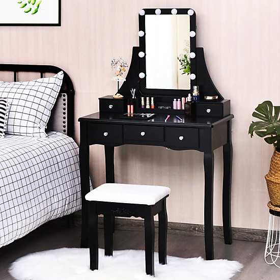 LJG 10 Dimmable Light Bulbs Vanity Dressing Table with 2 Dividers and Cushioned Stool