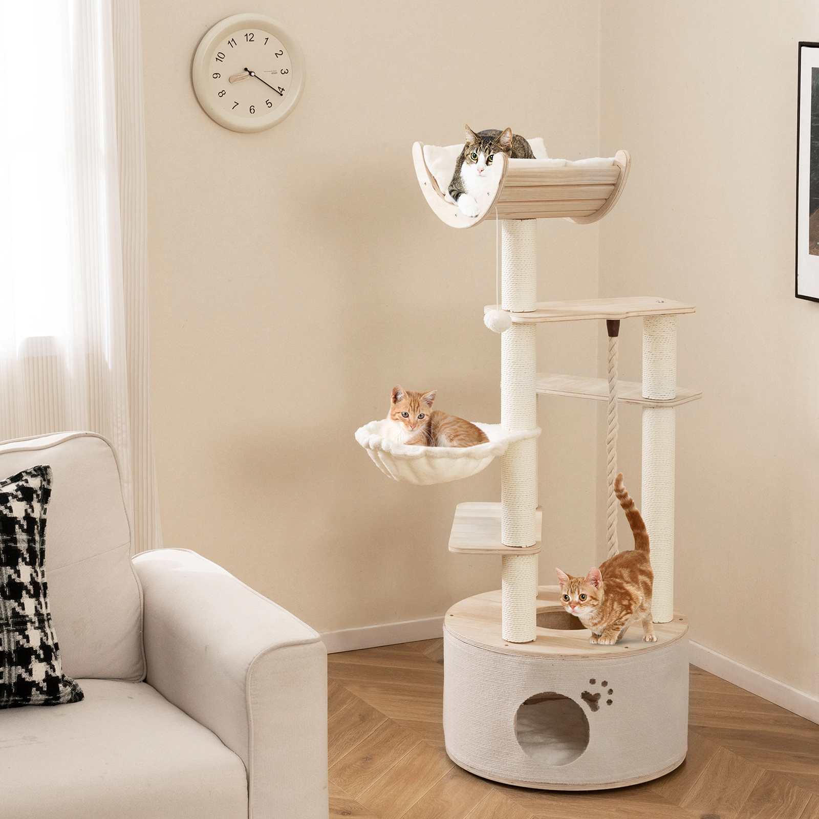 SUGIFT 55.5-in Natural Wooden Cat Tree with Top-Hole Condo Curved Perch Basket and 3 Washable Platforms