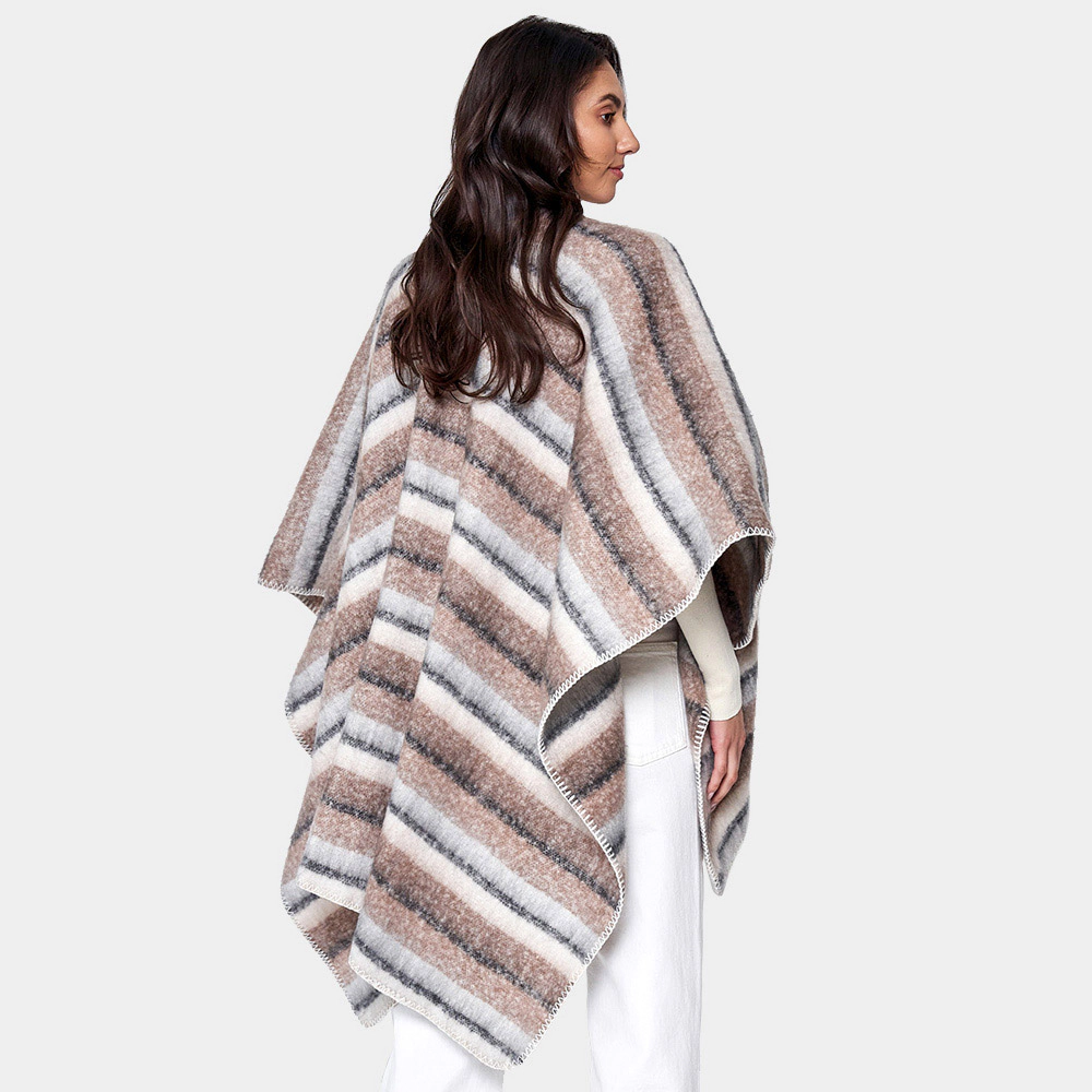 Truedames Women Cozy Striped Three Tone Ruana Poncho