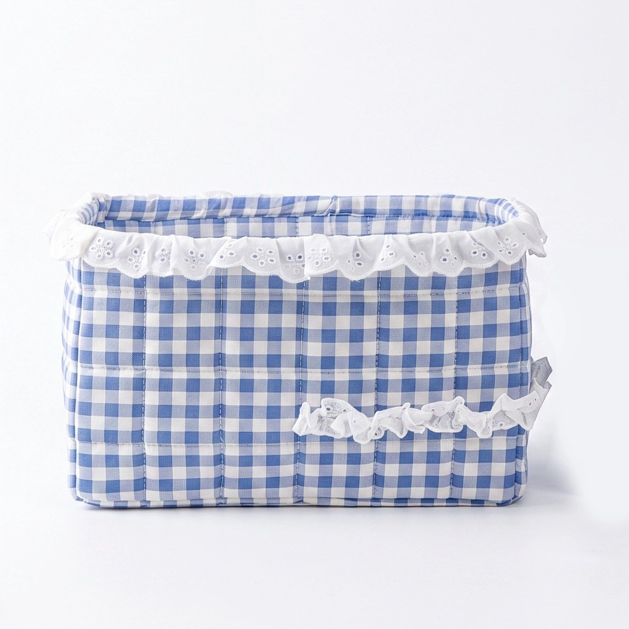 Alilang Unisex Quilted Gingham Fabric Storage Basket with Lace Trim