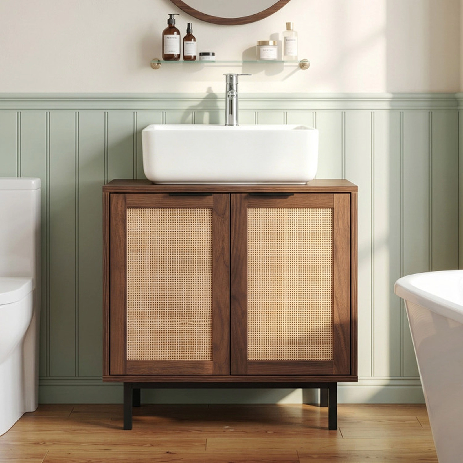 SUGIFT Bathroom Vanity Cabinet with U-Shaped Cut-Out 2 Rattan Doors and Inner Shelf 66-lb Capacity Brown/Natural/White