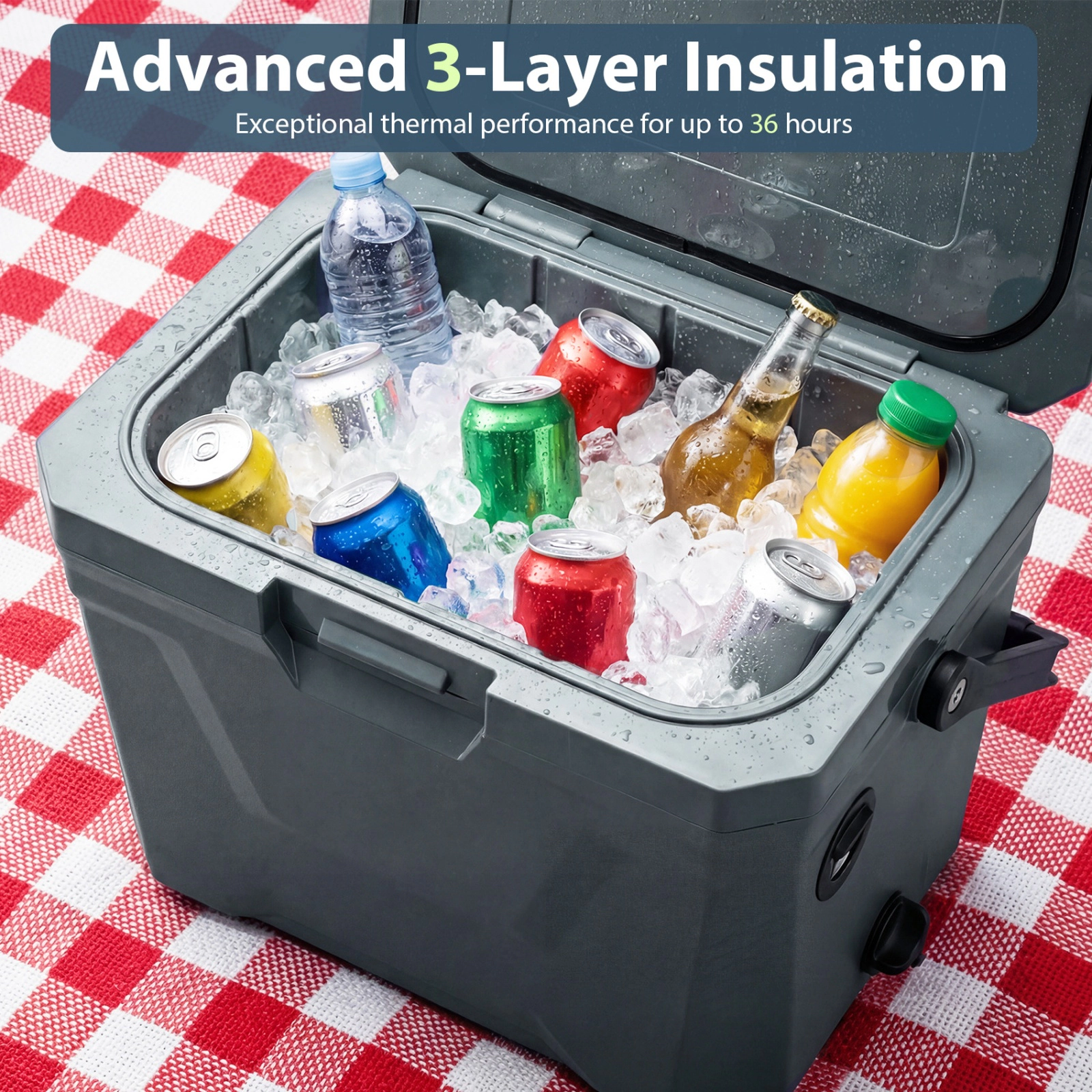 SUGIFT Triple-Layer Insulated Hard Shell Cooler Ice Chest 110-lb Capacity 21-Qt with 2 Cup Holders Blue/Gray/Pink/Tan