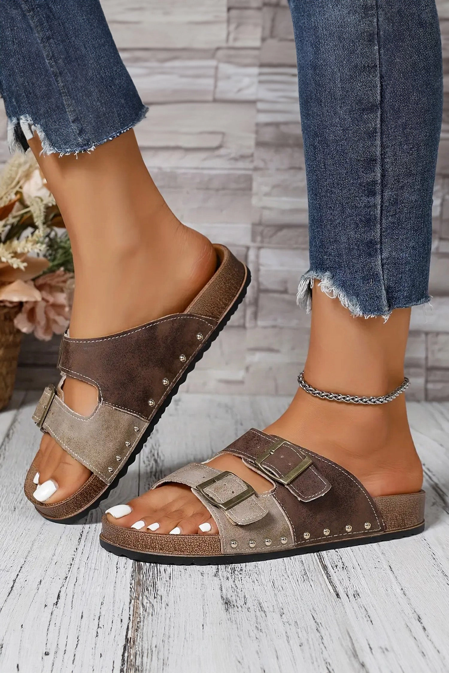 Threaded Pear Womens Elisha Faux Suede Slippers - Open-Toe Dual Buckle, Coffee