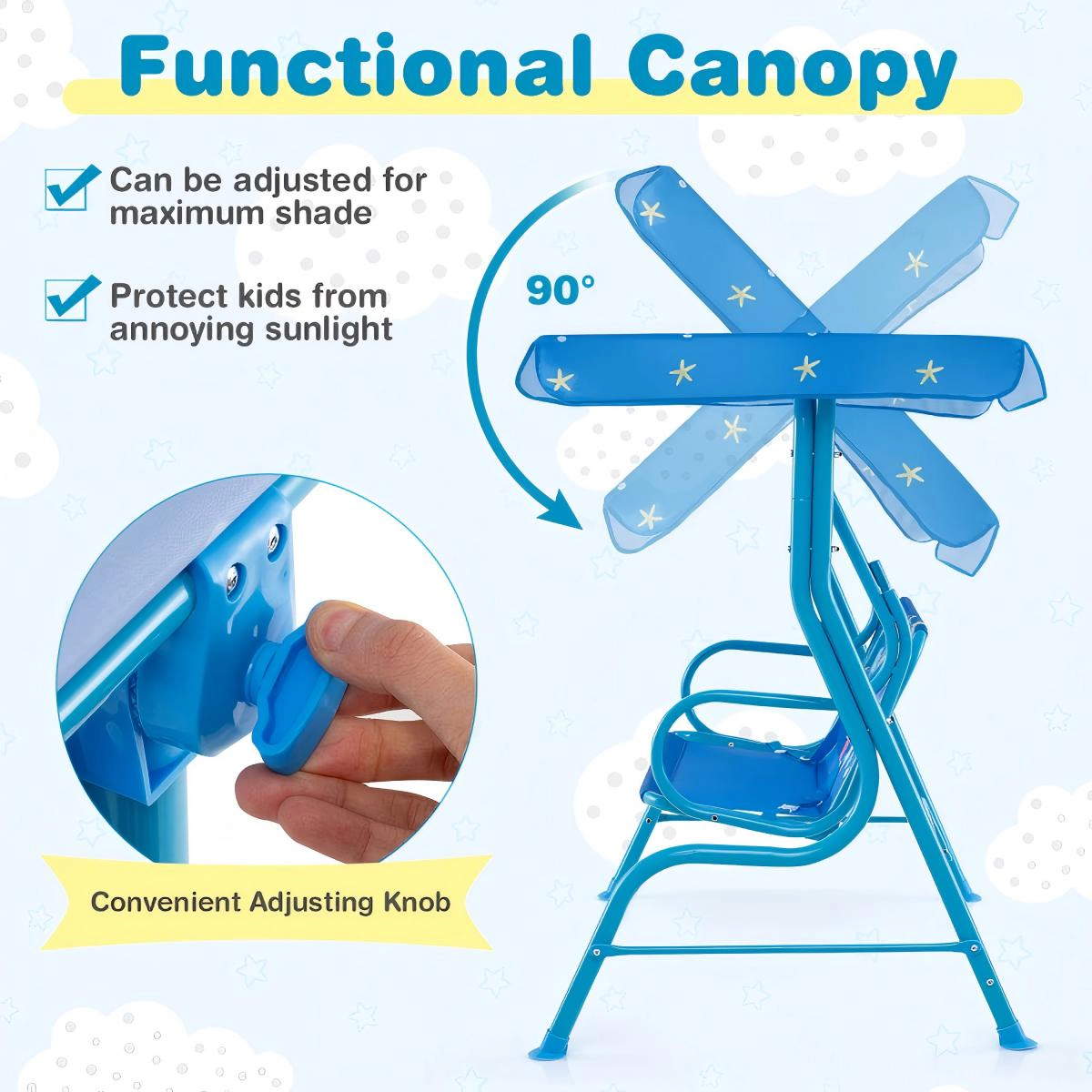 SUGIFT 180-lb Capacity 2-Seater Kids Outdoor Swing with Metal Stand Adjustable Canopy and Safety Belts Blue