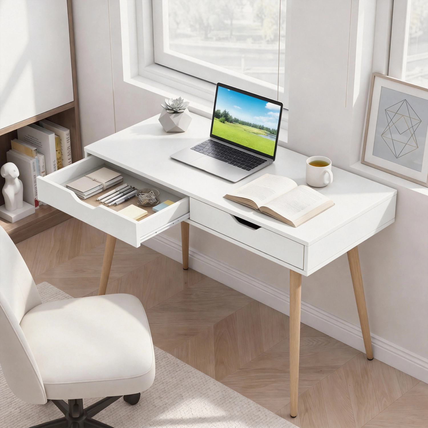 LJG 43.5 Inch Computer Desk with 2 Drawers for Small Spaces