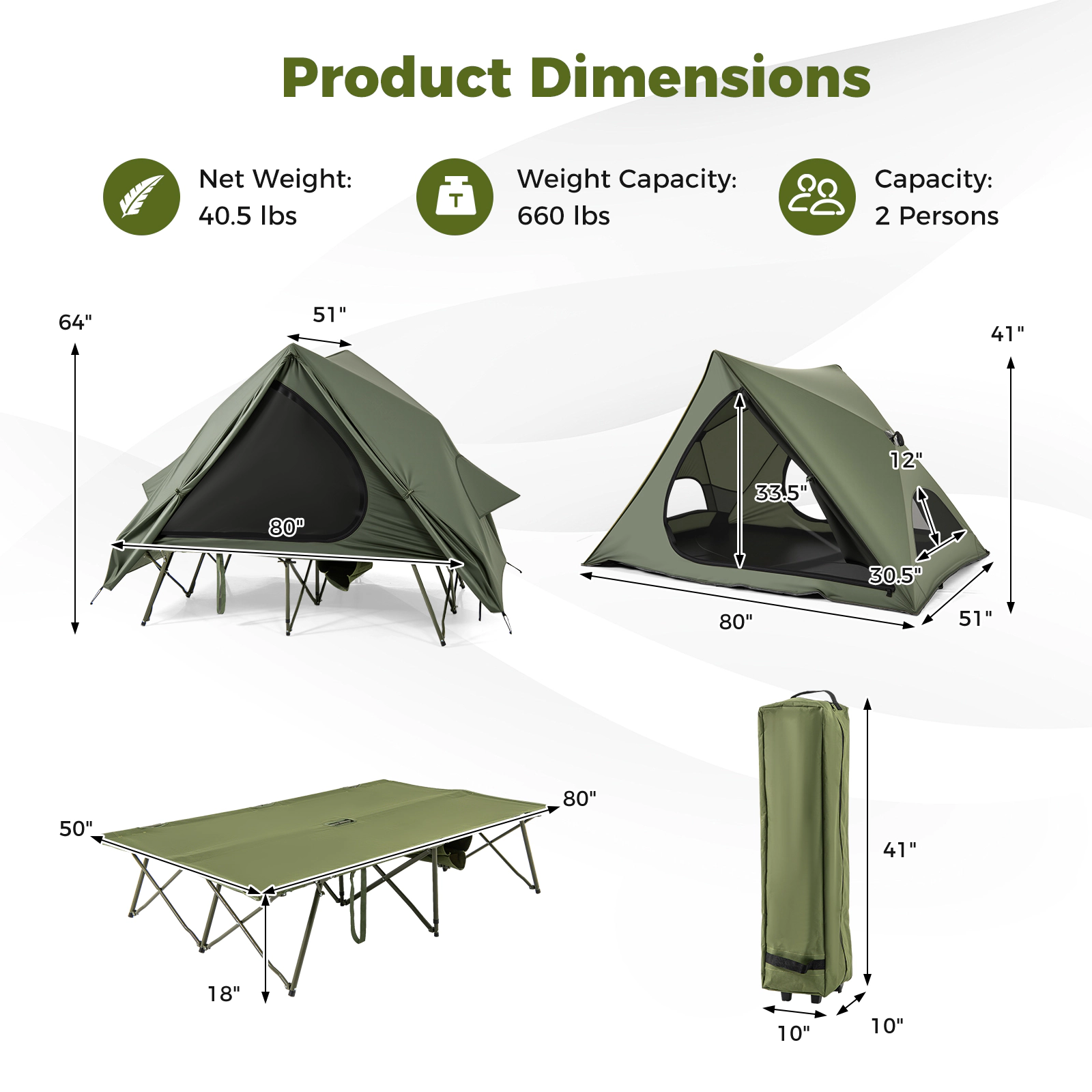 SUGIFT Foldable 2-Person Camping Cot Tent with Pop-up Tent Shelter 660-lb Capacity Green