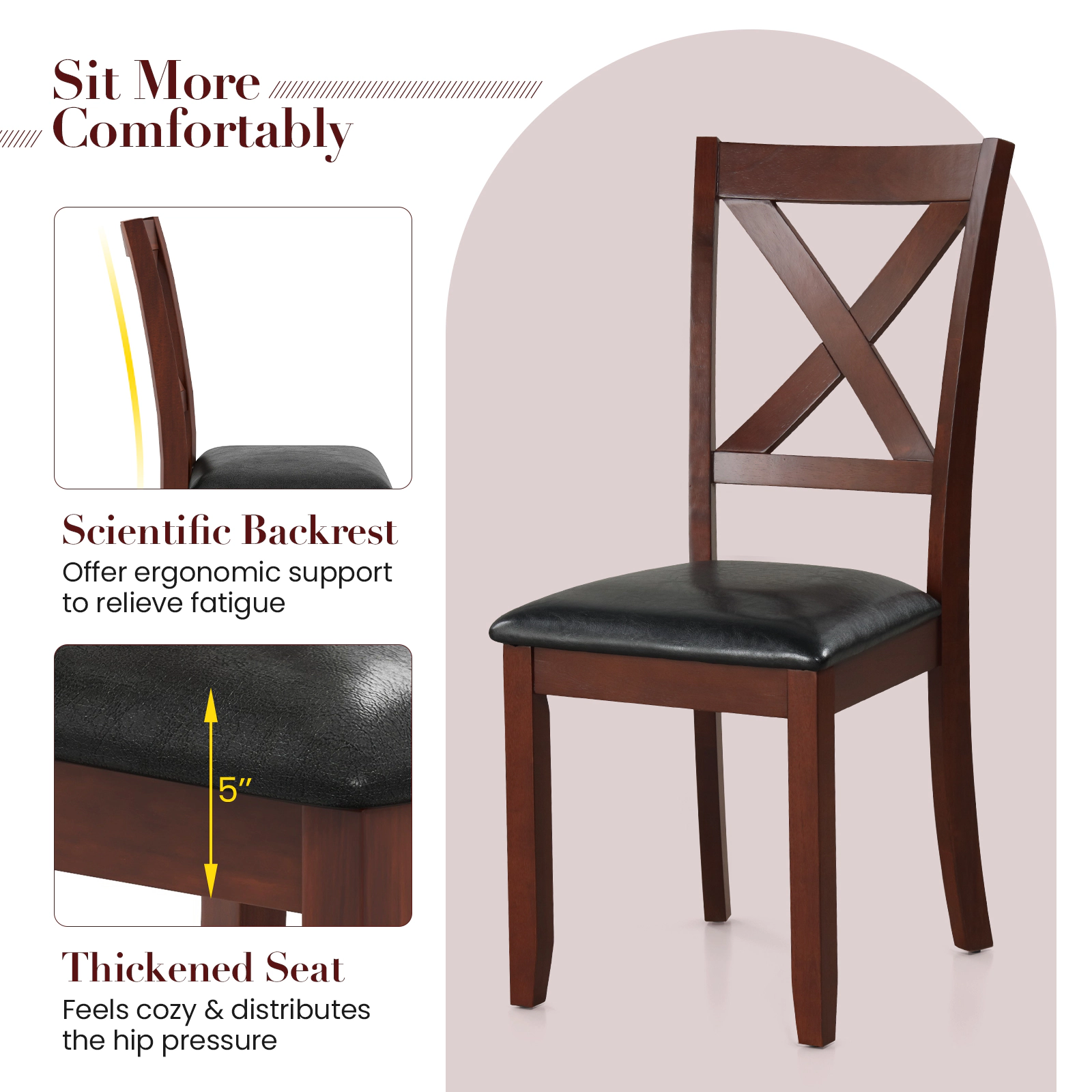 SUGIFT Set of 2 Wooden Kitchen Dining Chairs with Padded Seat and Rubber Wood Legs 355-lb Capacity Brown and Black