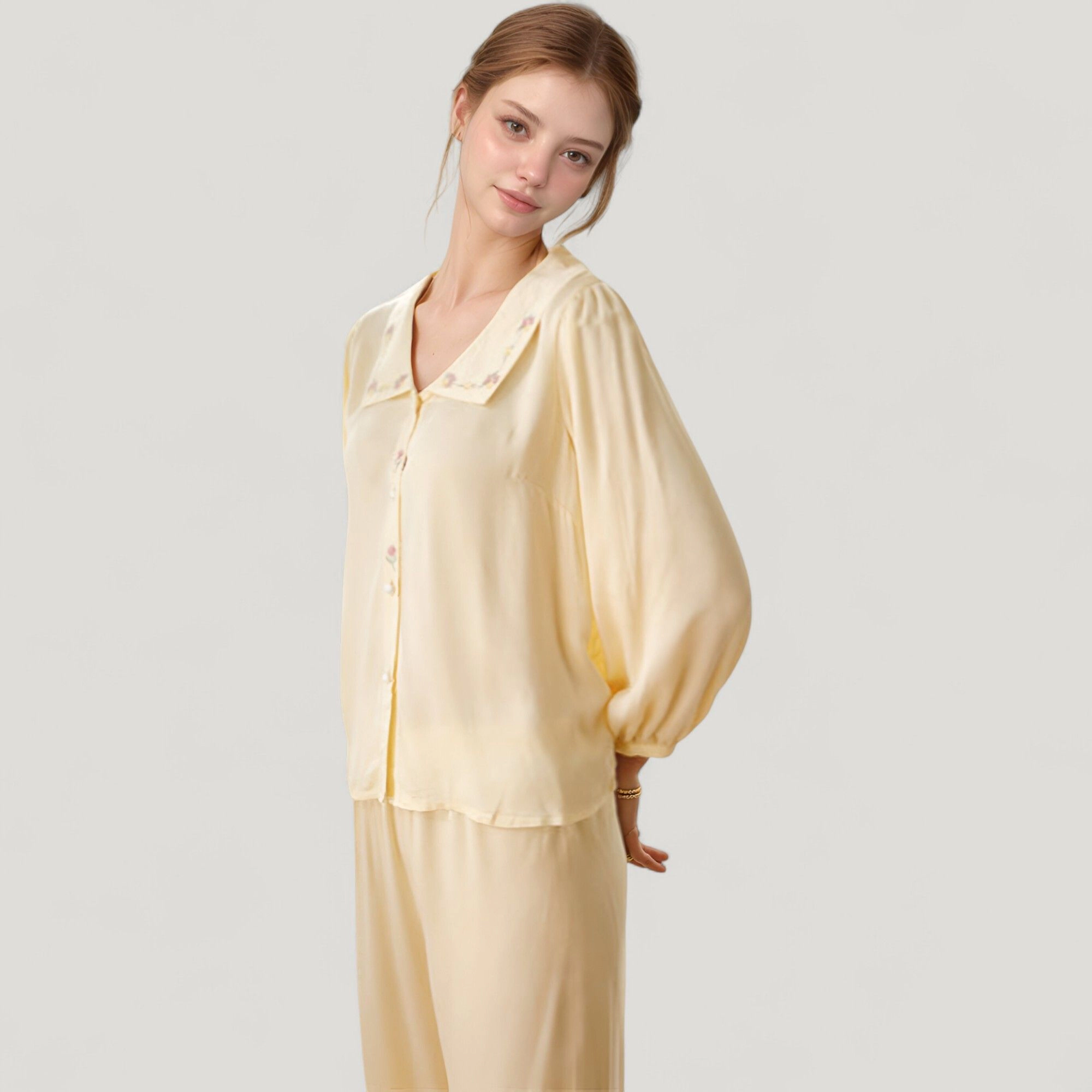 Anna-Kaci Women's Woven Two-Piece Pajama Set with Embroidered Sailor Collar and Button Down Top