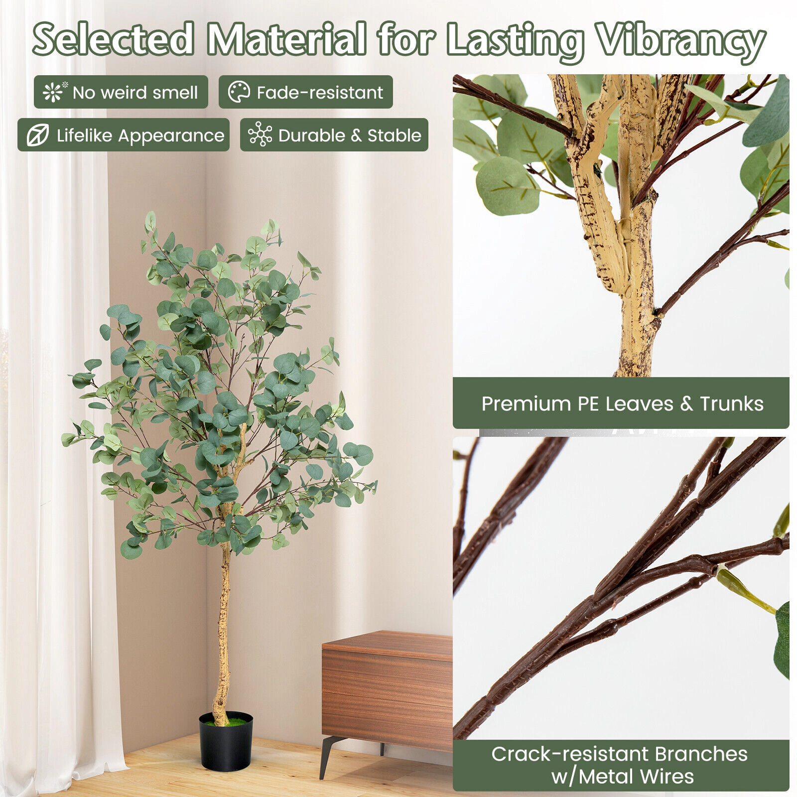 SUGIFT 5.5-ft 517 Leaves 10 Branches Cement-Filled Pot Artificial Eucalyptus Tree 6.5-in x 6-in Pot 6.5-lb Green