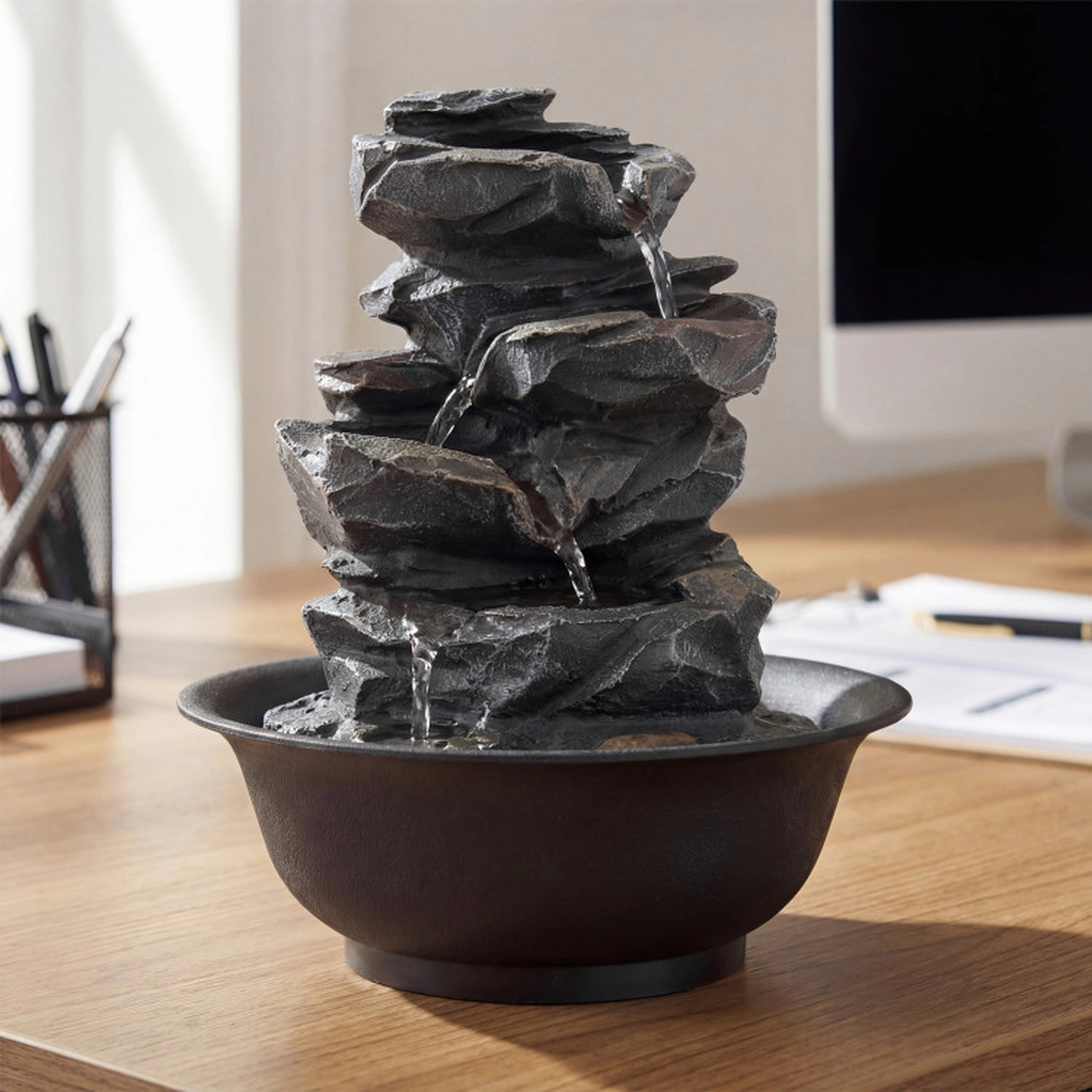 SUGIFT 8.5-in Black Multi-Tier Tabletop Water Fountain with LED Light and Silent Adjustable Pump
