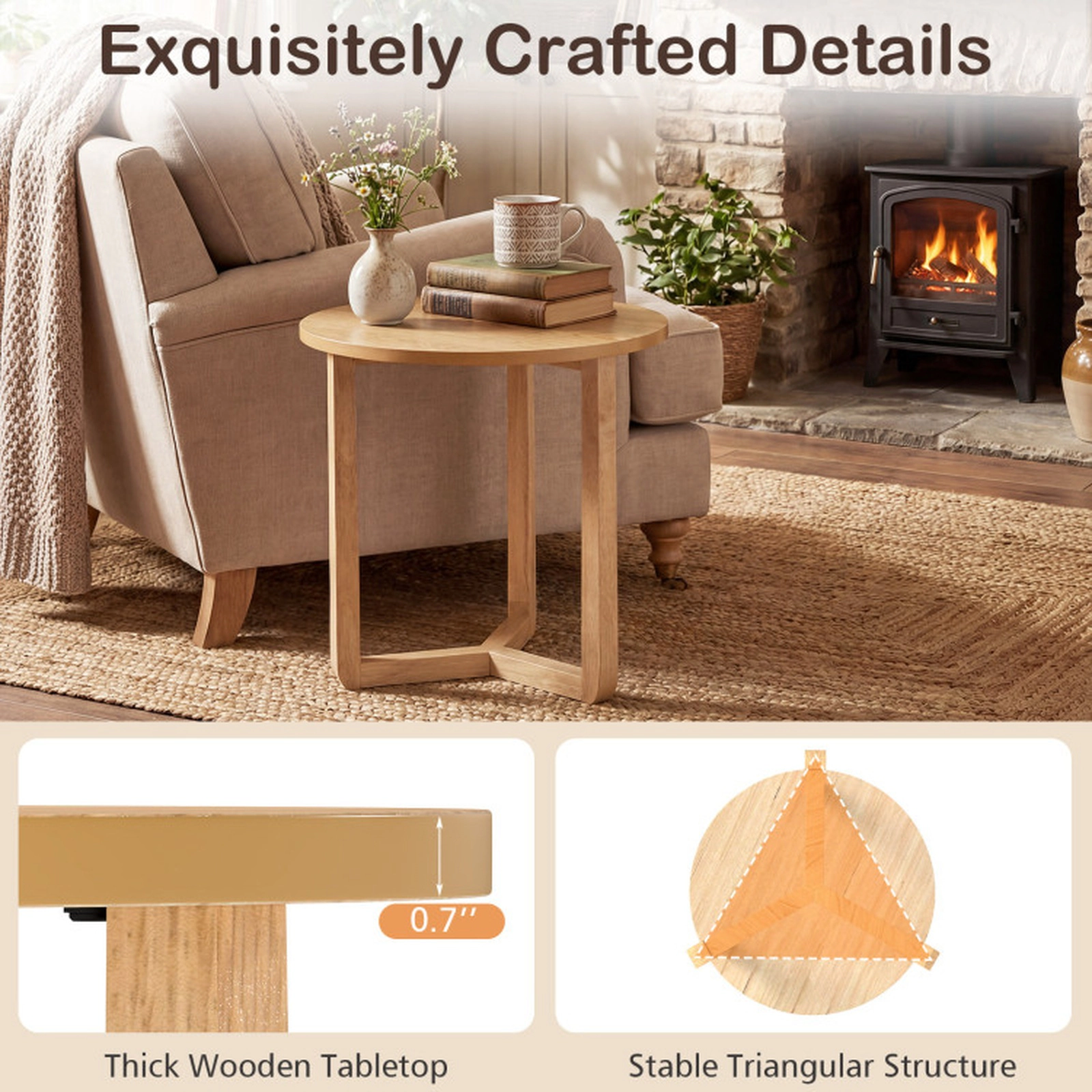 SUGIFT Triangular Rubber Wood Legs 0.7-in Top Farmhouse End Table 22.5-in Diameter 21-in Tall 176-lb Capacity Natural