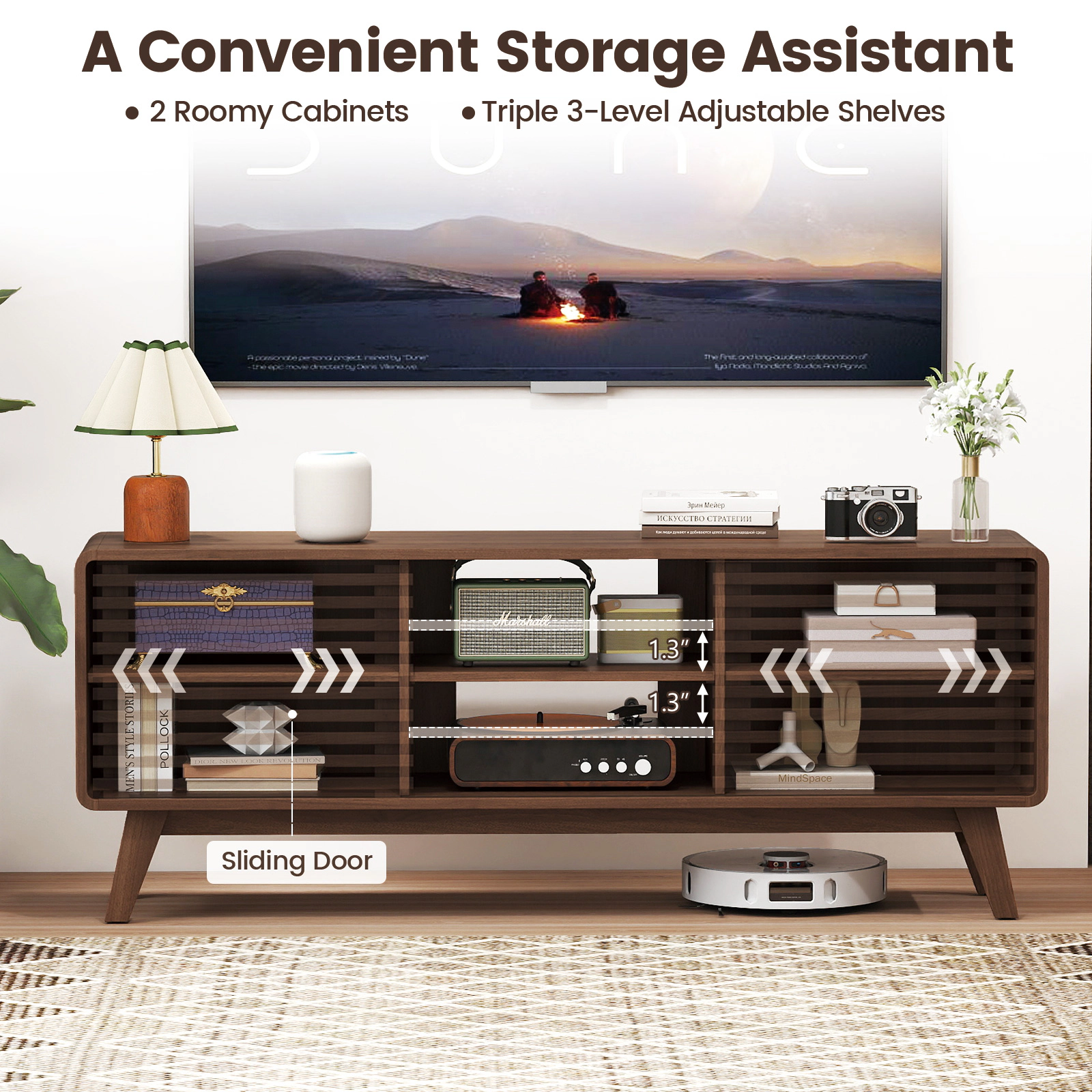 SUGIFT Walnut TV Stand for TVs up to 65 in, 220 lb Top Capacity, Sliding Door Cabinets