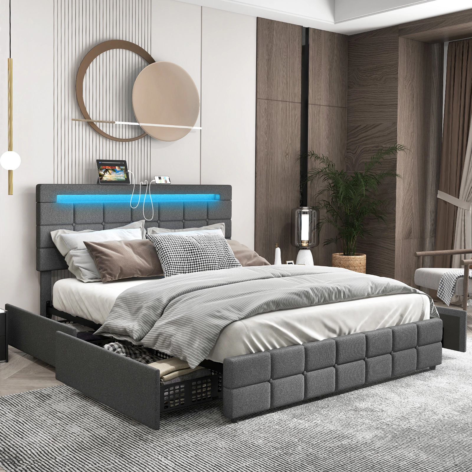 Full Size Upholstered LED Bed Frame with 4 Rolling Drawers Button Tufted Adjustable Headboard Gray