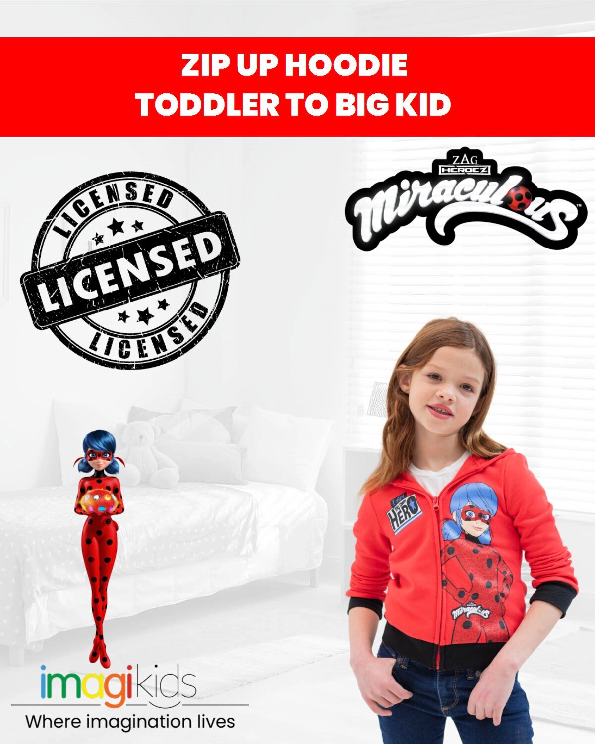 Miraculous Ladybug Girls' Zip-Up Hoodie