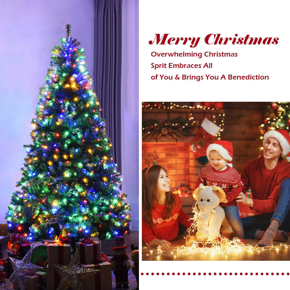 SUGIFT Dense PVC Needle Pre-Lit Hinged Artificial Christmas Tree 7-ft Green with LED Lights and Metal Stand