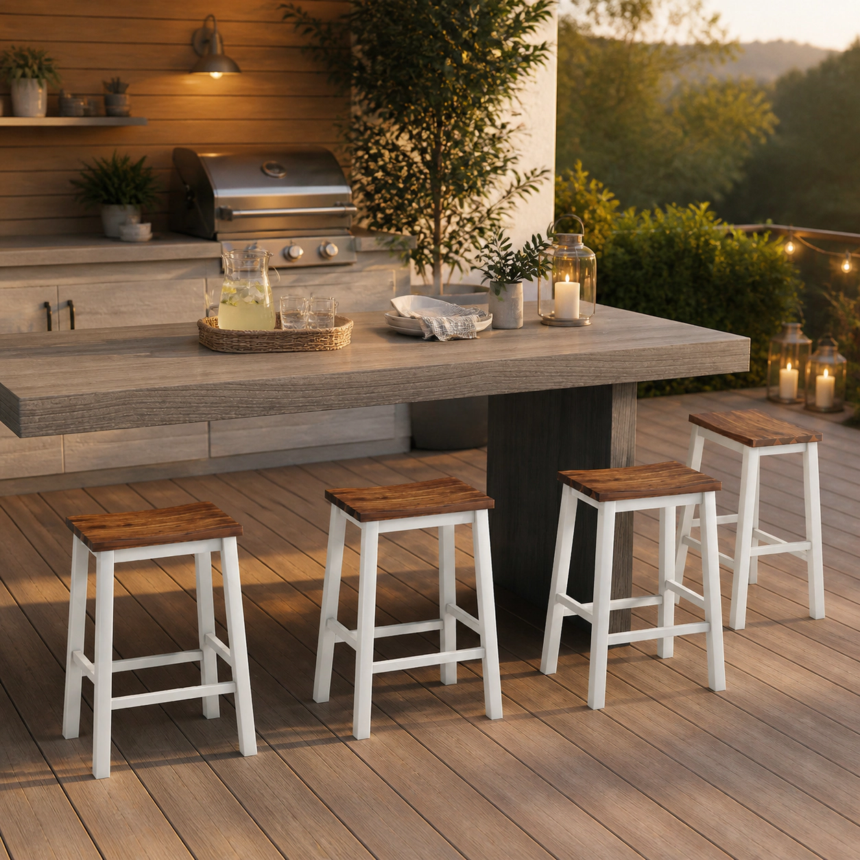 SUGIFT Set of 4 24.5-In Solid Acacia Wood Saddle Bar Stools, 350-Lb Capacity