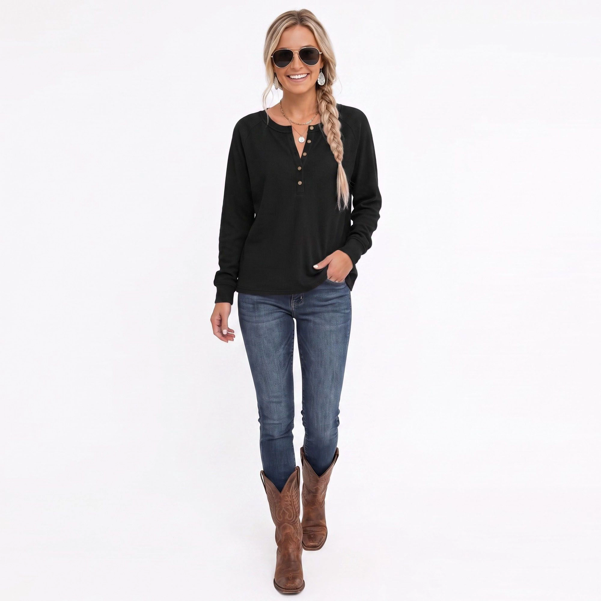Anna-Kaci Women's Waffle Knit Henley Raglan Long Sleeve Top