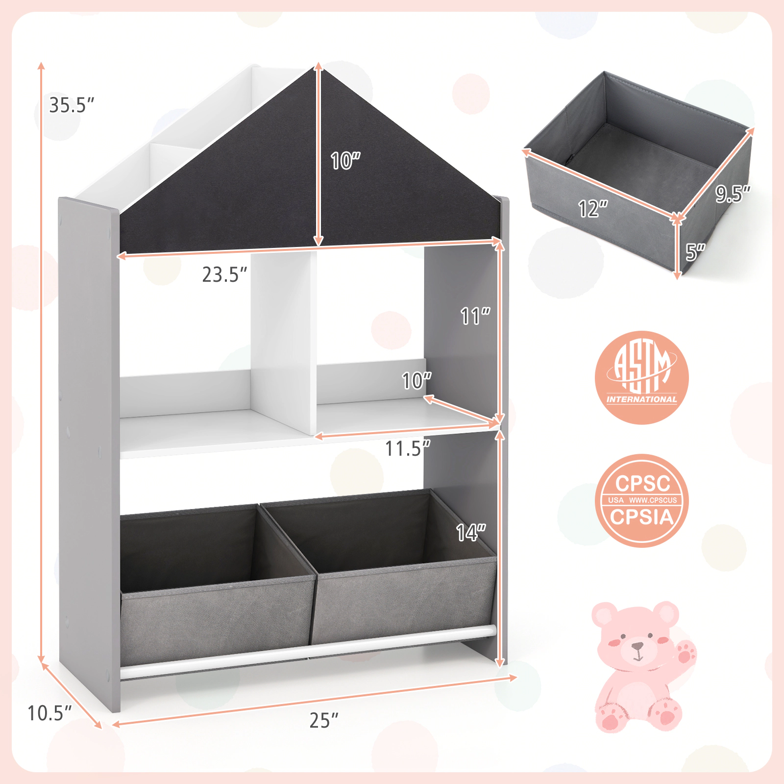 SUGIFT 35.5-in Playhouse Kids Bookshelf and Toy Storage Organizer with Chalkboard Whiteboard and Anti-Tipping Device