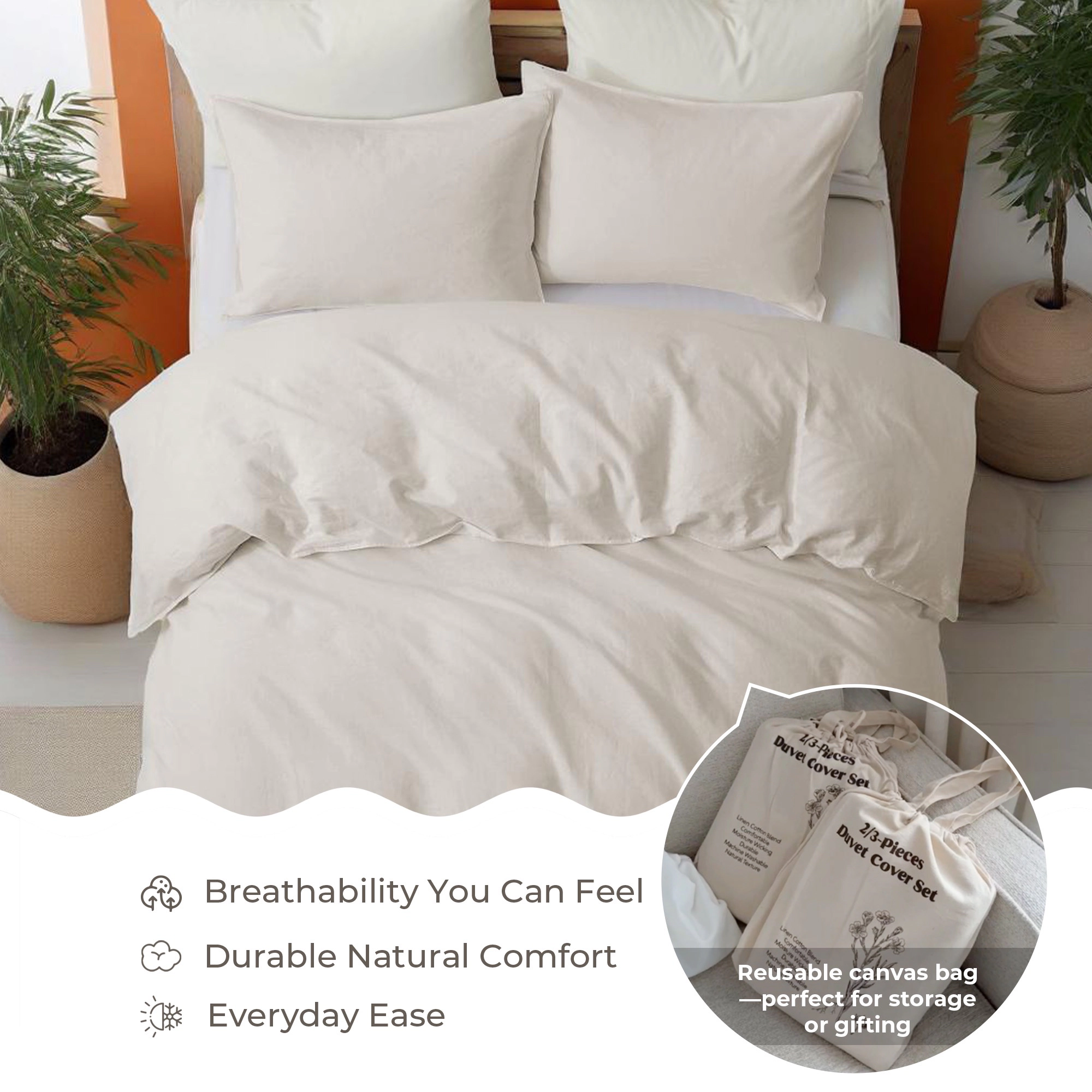 PEACENEST Linen Cotton Blend Duvet Cover Set, Breathable Lightweight Bedding Set