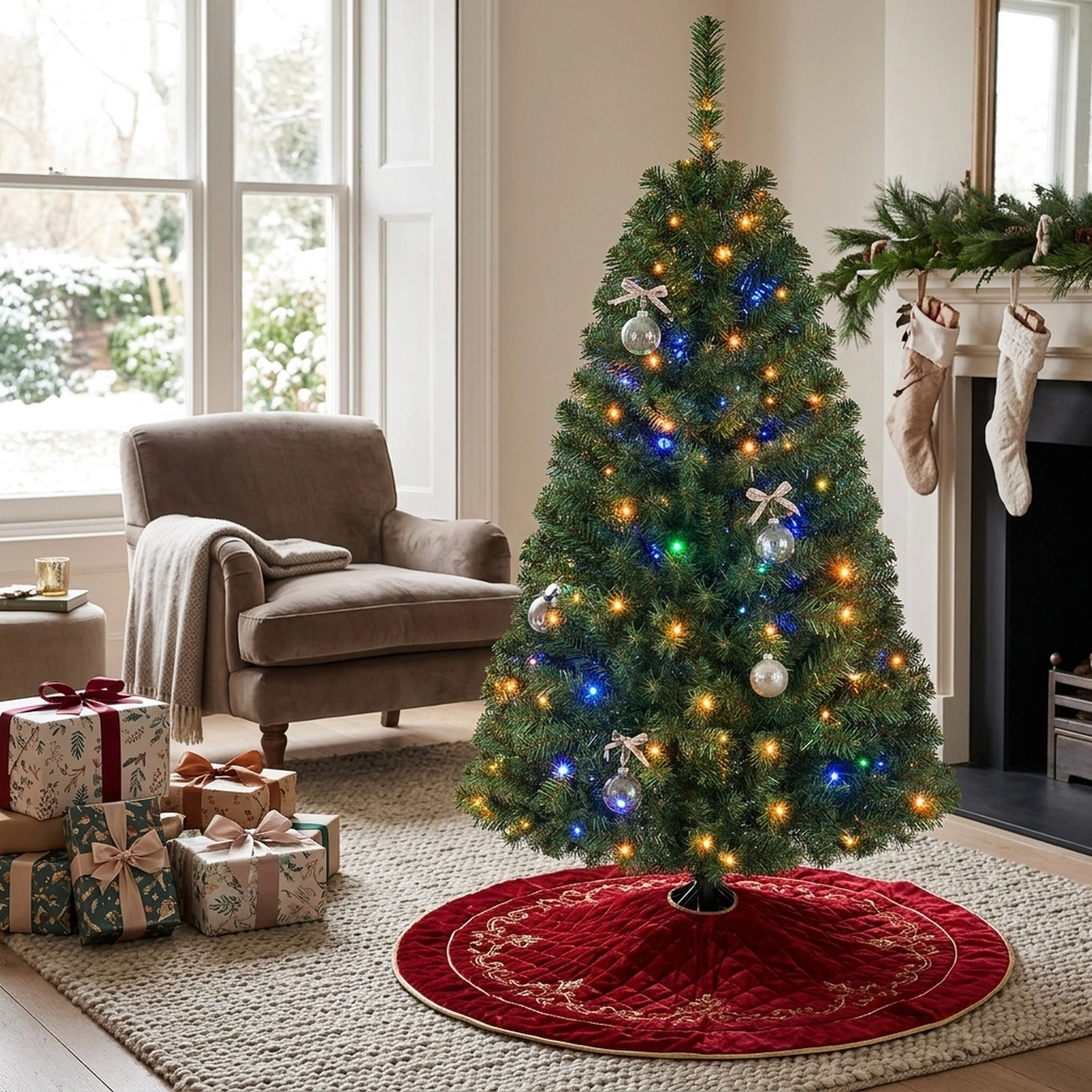 SUGIFT 4 ft Pre-Lit Artificial Christmas Tree with 2 Lighting Colors 11 Lighting Modes and Folding Metal Stand Green