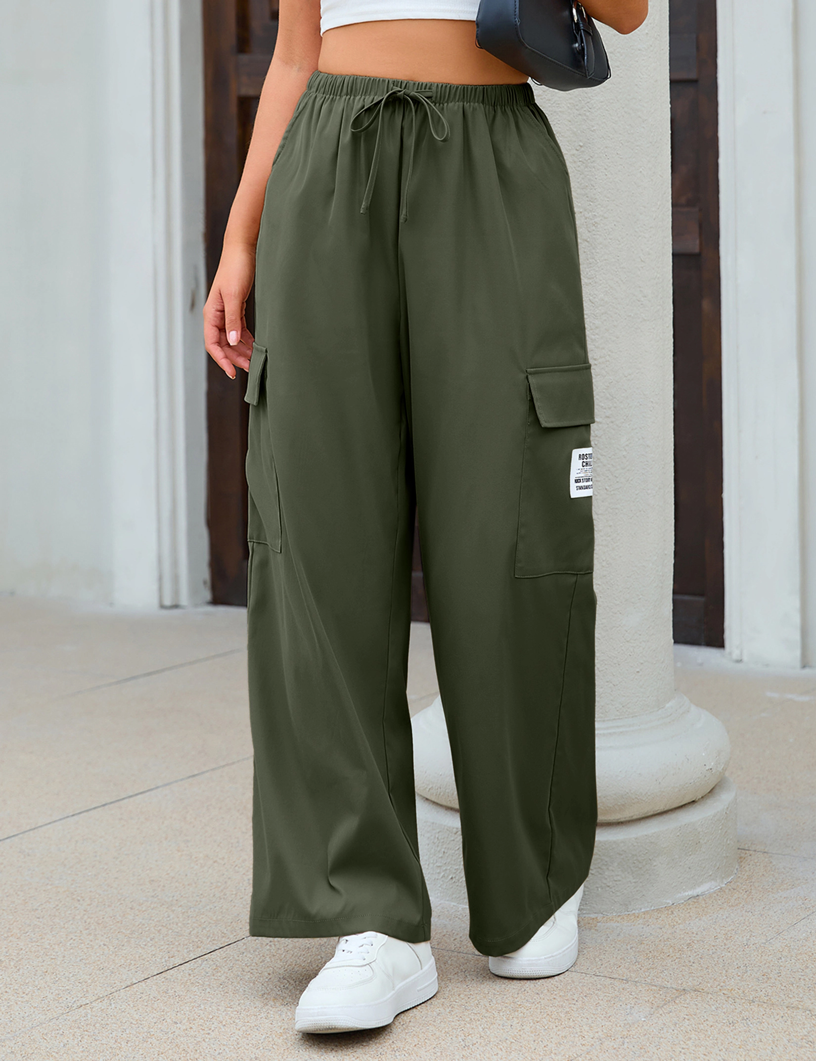 KOJOOIN Women Casual Cargo Palazzo Drawstring Waist Pants Side Pocket Wide Leg Sweatpants