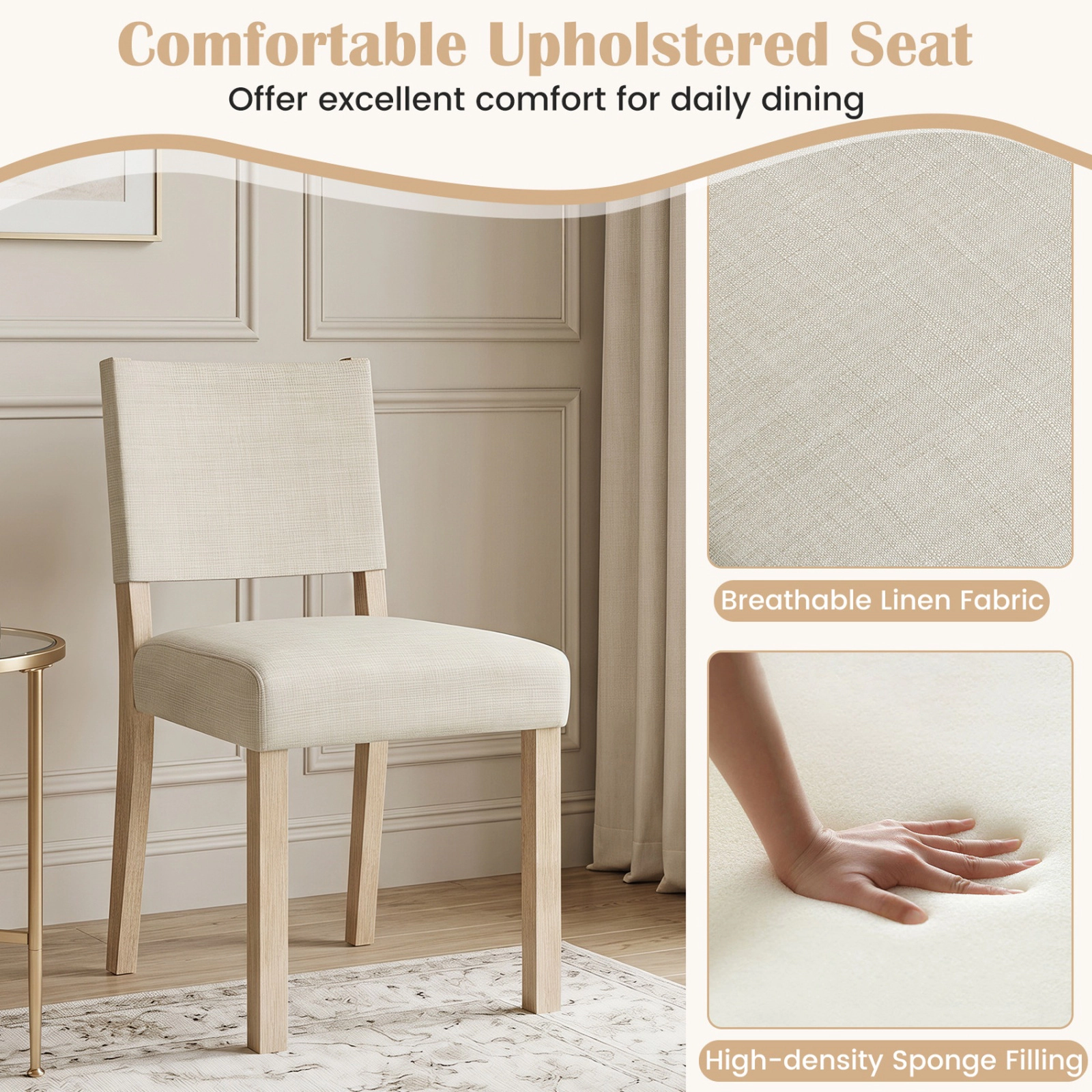 SUGIFT Set of 4 Beige Linen Upholstered Dining Chairs, Solid Rubber Wood Legs