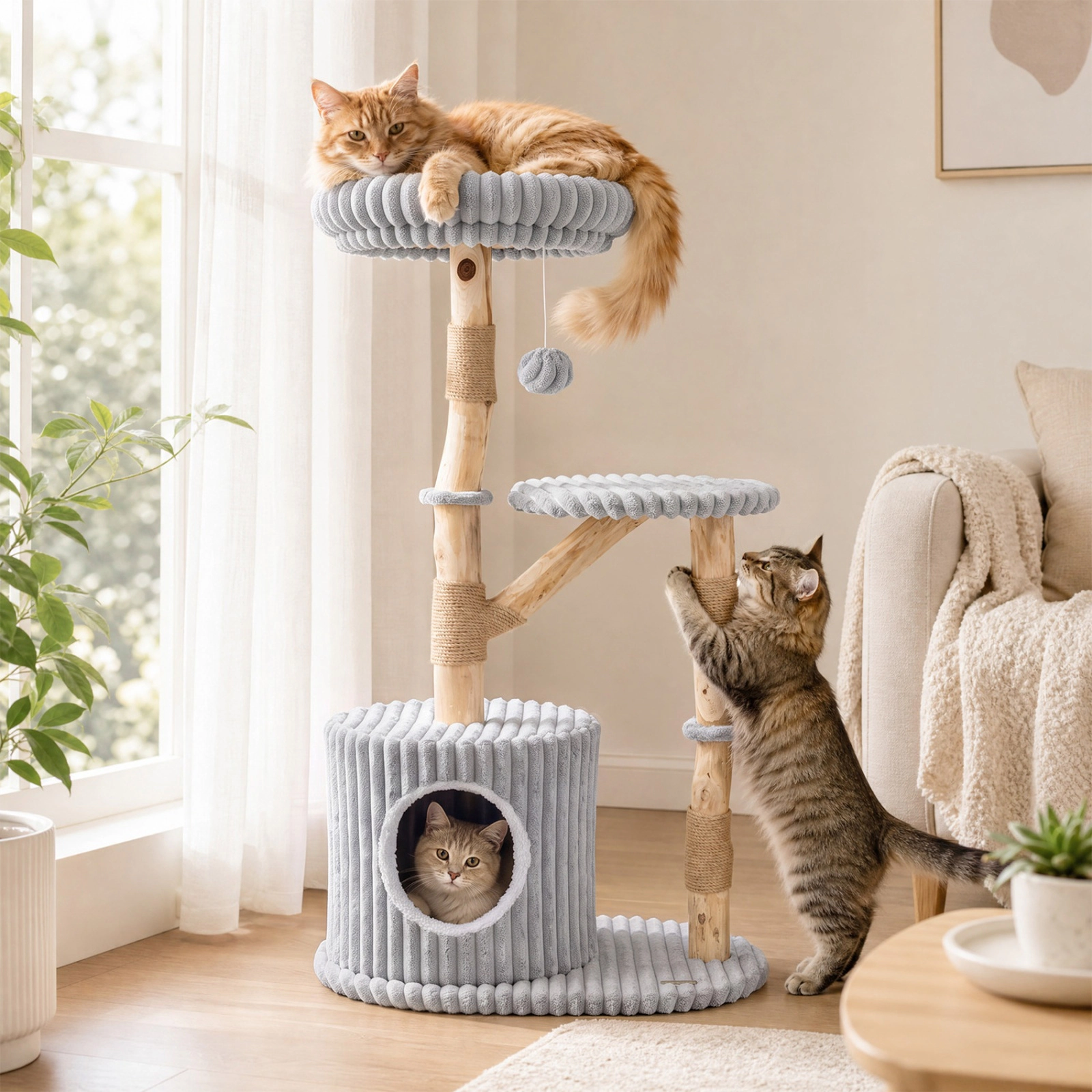 SUGIFT 41-in Solid Wood Cat Tree with Real Pear Wood Branches 16-in Top Perch and Washable Cushion Bed