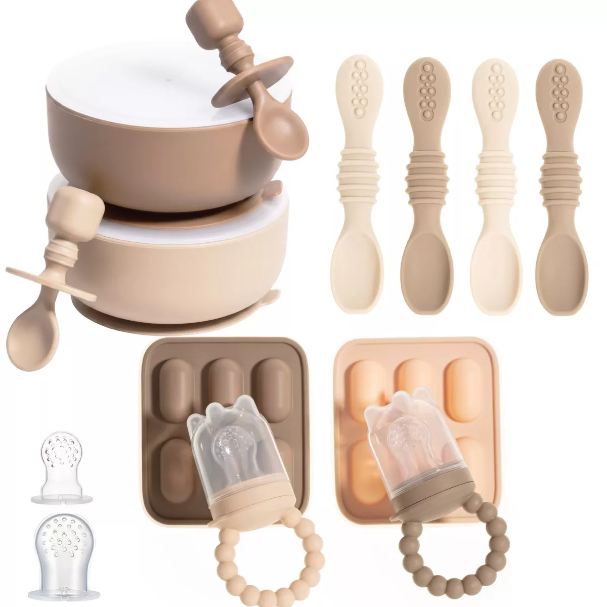Sperric Silicone Baby Feeding Set, Suction Bowls w/ Lids, 4‑Pack Weaning Spoons & Fruit Feeders, Freezer Dishwasher Safe