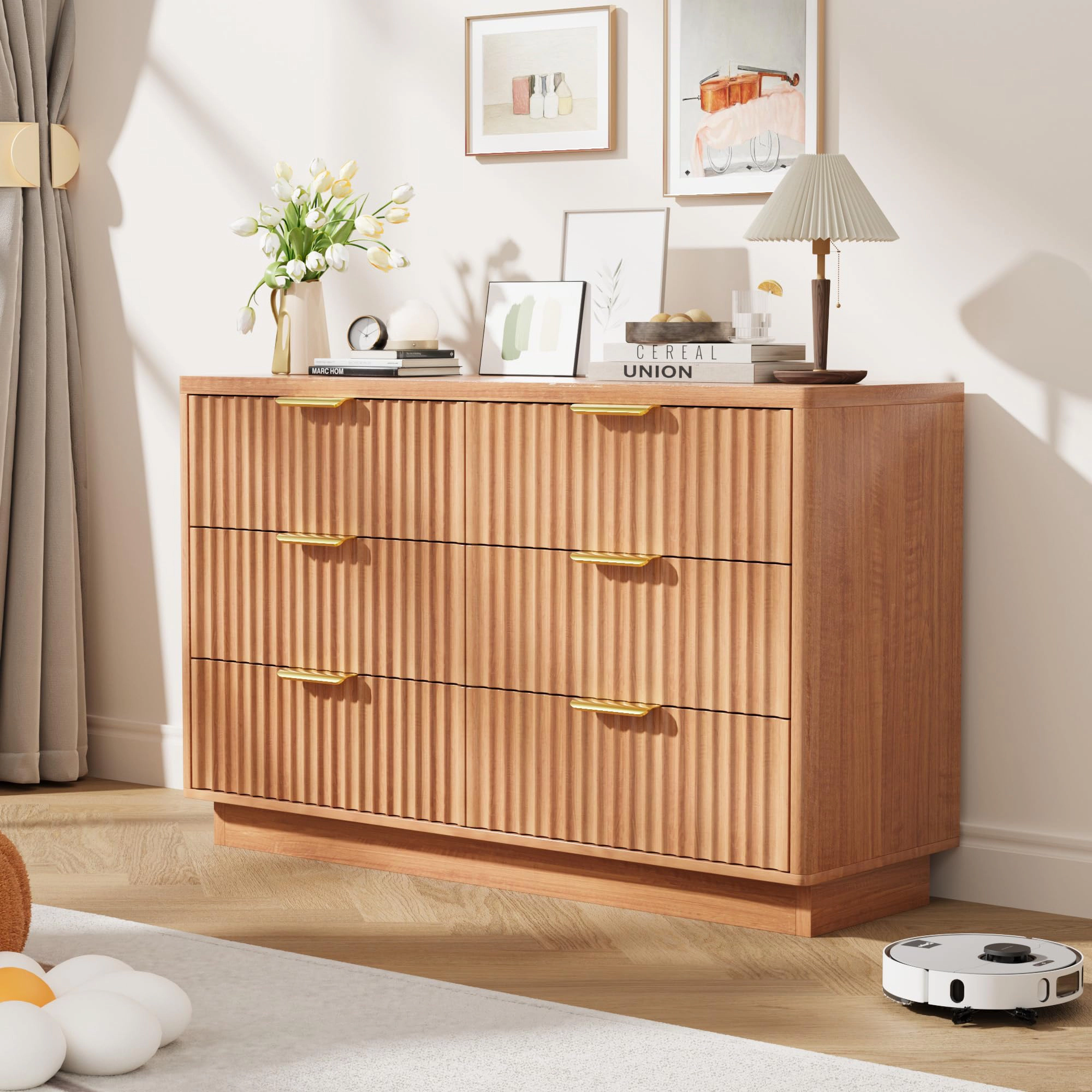 Modern 6 Drawer Wood Dresser, 47" Chest of Drawers Storage Cabinet for Bedroom or Nursery