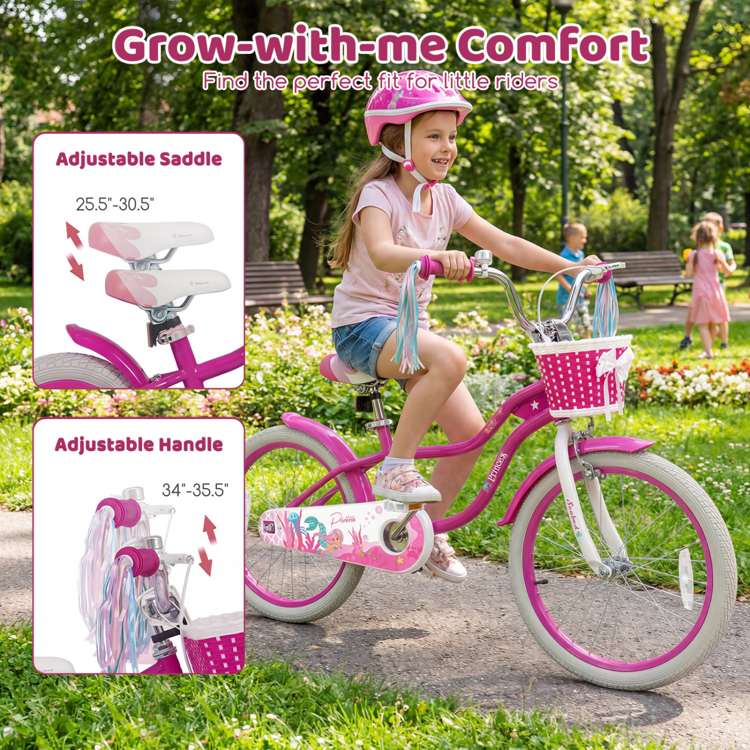 LJG Kids Bike Adjustable with Basket and Streamers Rose Red - Princess of the Sea Theme