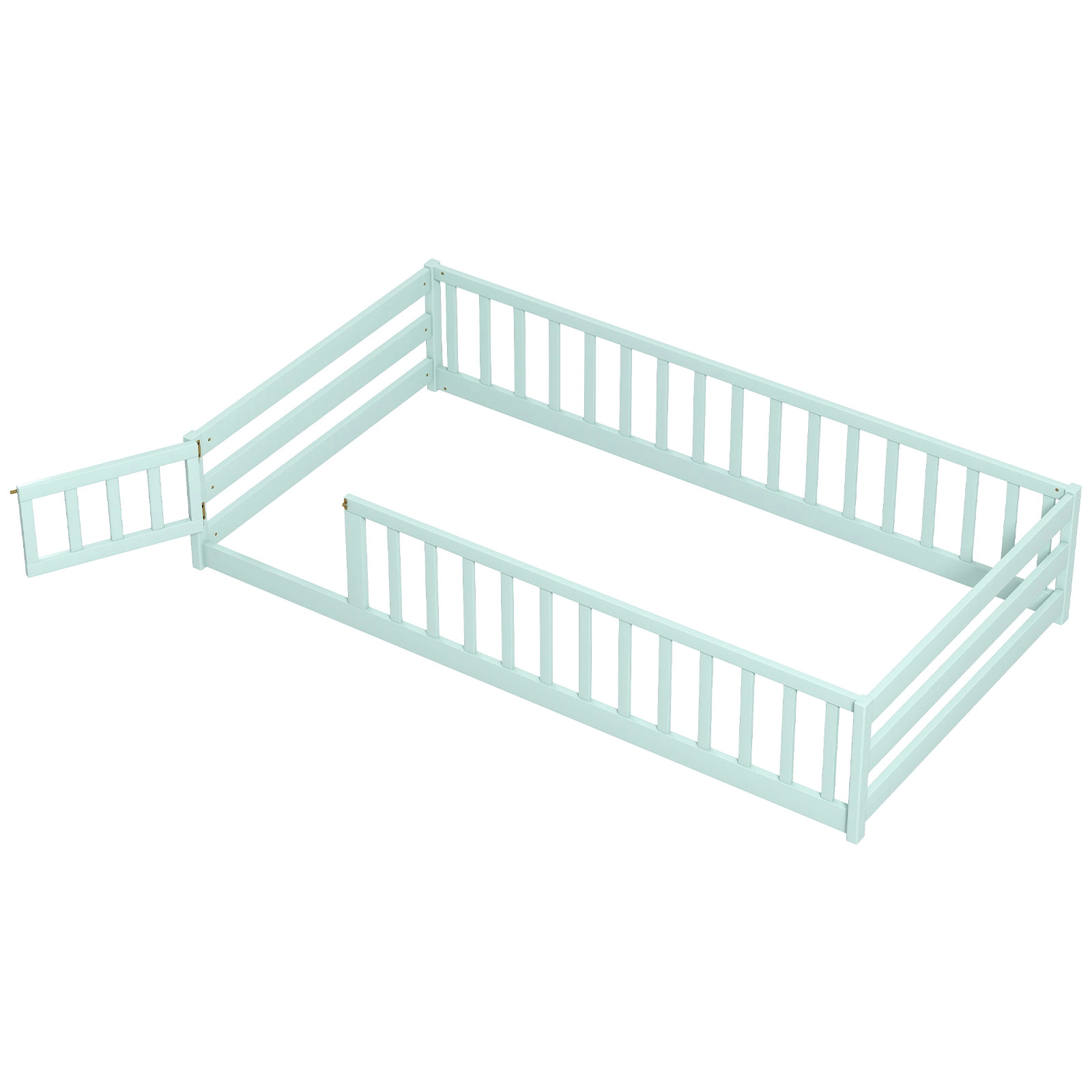 SUGIFT Low-to-Ground Twin Montessori Floor Bed Frame Toddler Bed Full Length Safety Guardrails & Lockable Door Green