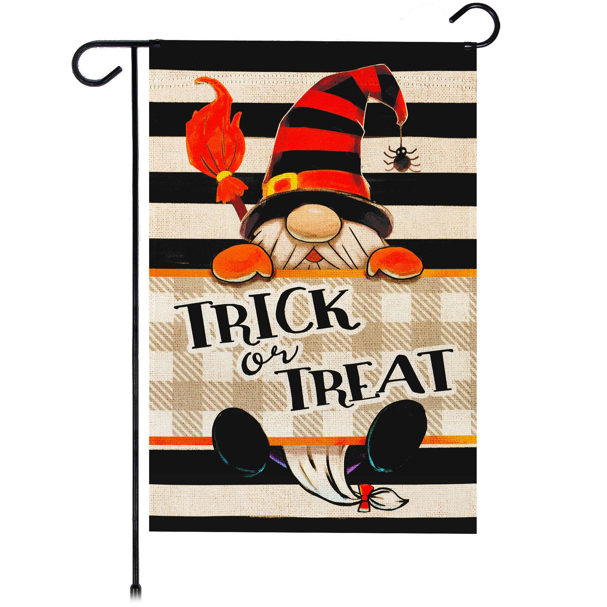 G128 Halloween Trick or Treat Gnome Garden Flag 12x18 Inch Double-Sided Outdoor Decoration