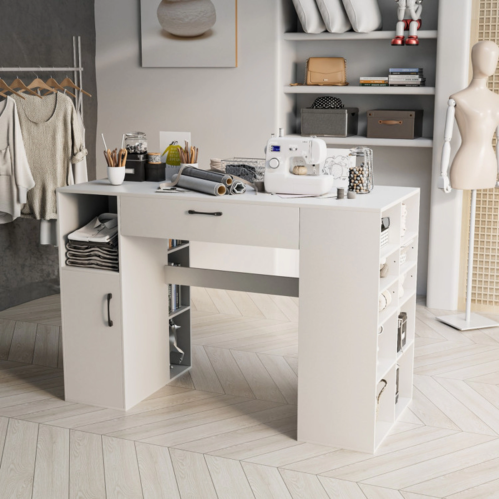 SUGIFT 53-in Counter Height 265-lb Capacity White Craft Table Computer Desk with 14 Compartments and Drawer