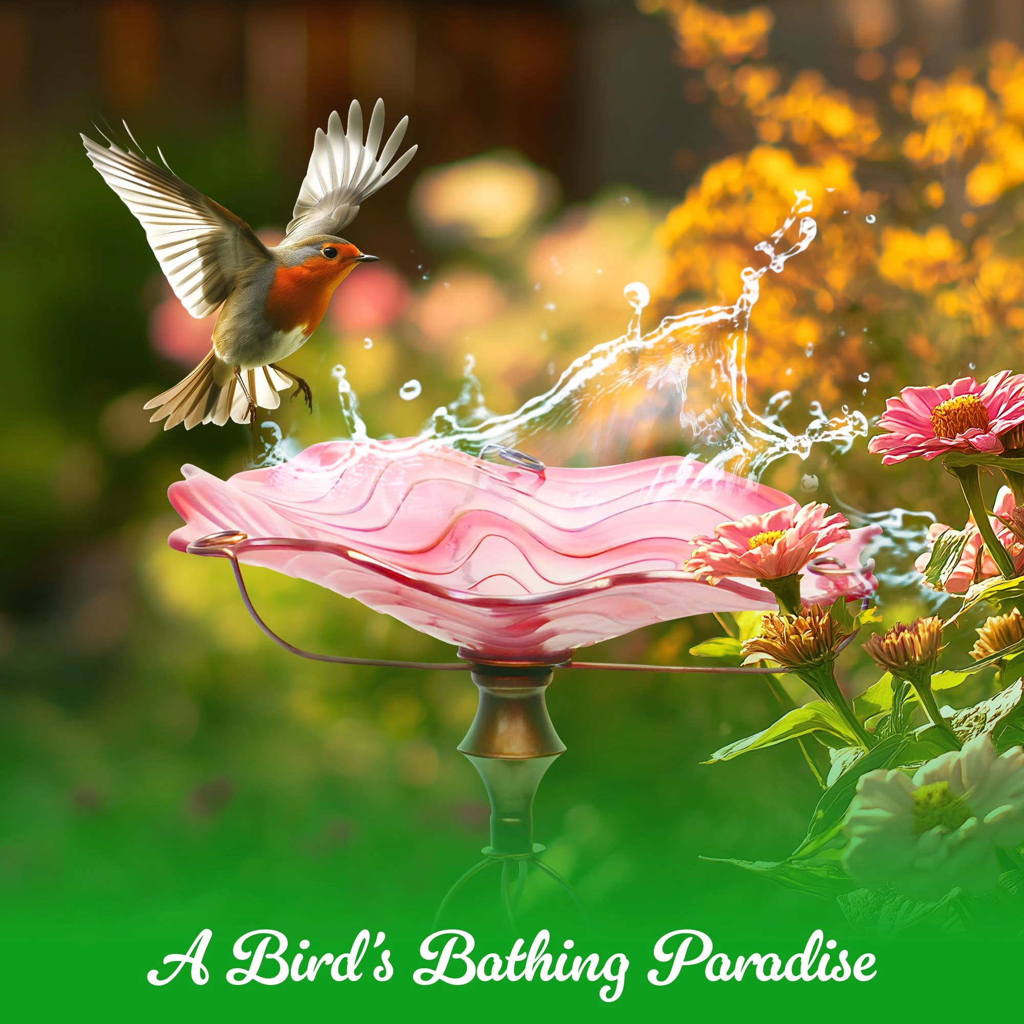 G128 32-Inch Pink Glass Bird Bath with Metal Stake - Decorative Outdoor Feeder and Fountain Bowl