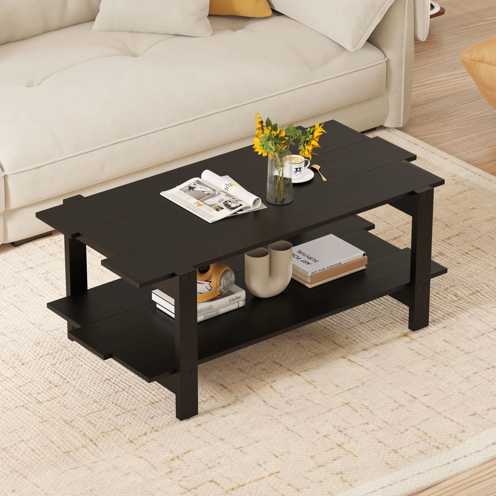 SlickBlue 2-Tier Coffee Table with Wood Slat Storage Shelf