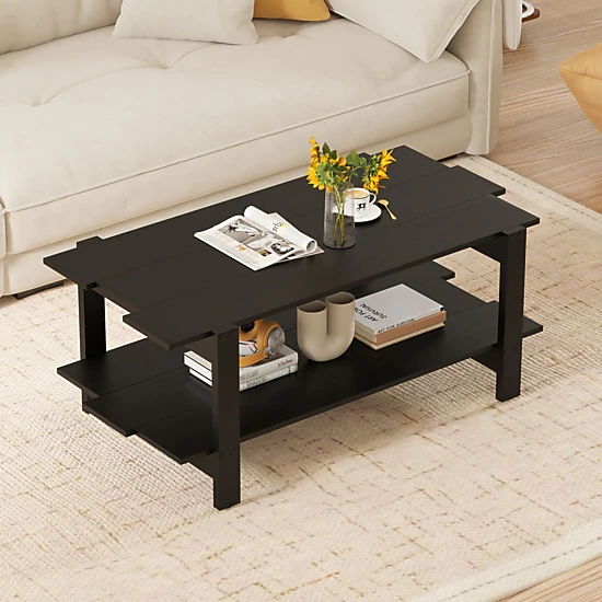 SlickBlue 2-Tier Coffee Table with Wood Slat Storage Shelf