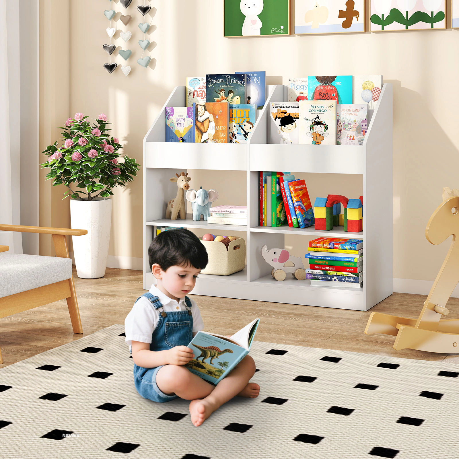 SUGIFT 3-Tier 31.5-in Kids Bookshelf and Toy Storage Organizer with Top Display Rack and 4 Open Compartments