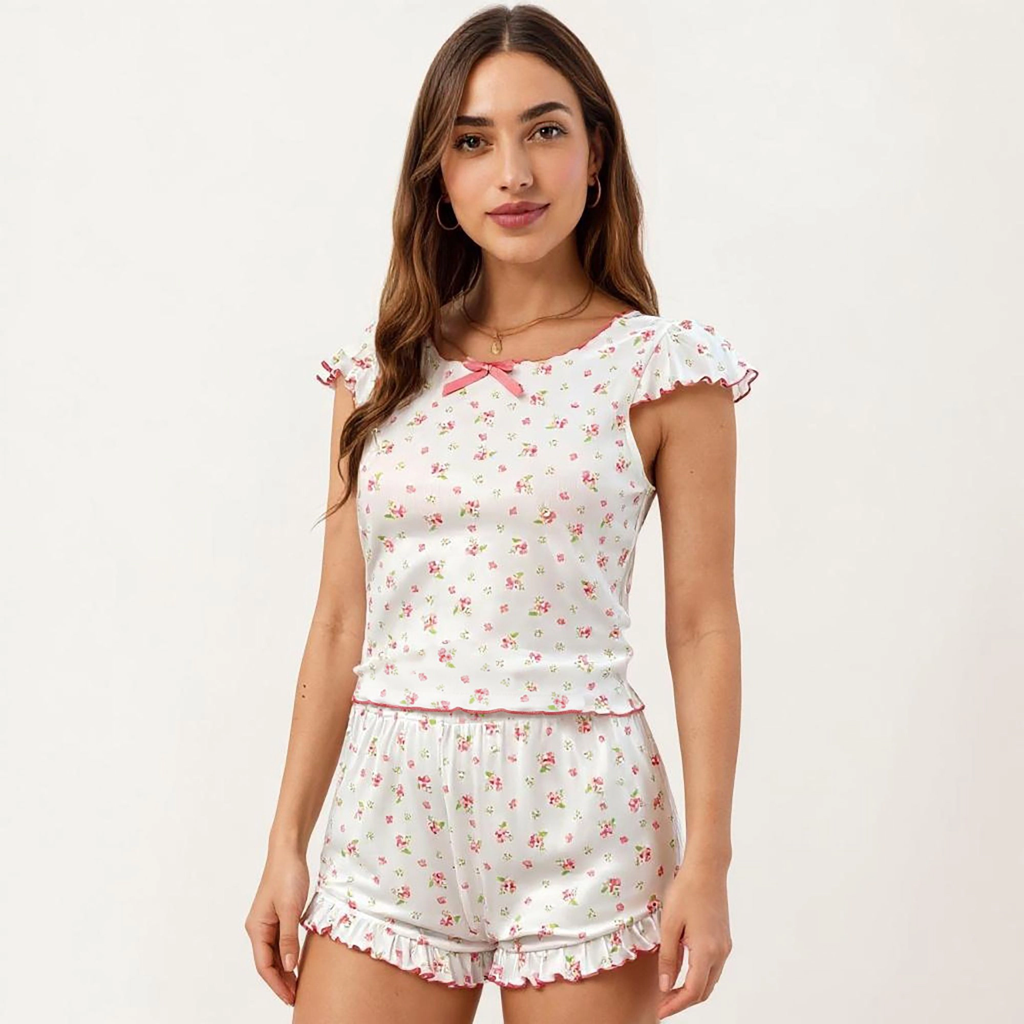Anna-Kaci Women's Floral Print Short Sleeve Sleepwear Set with Ruffled Hem and Contrast Trim