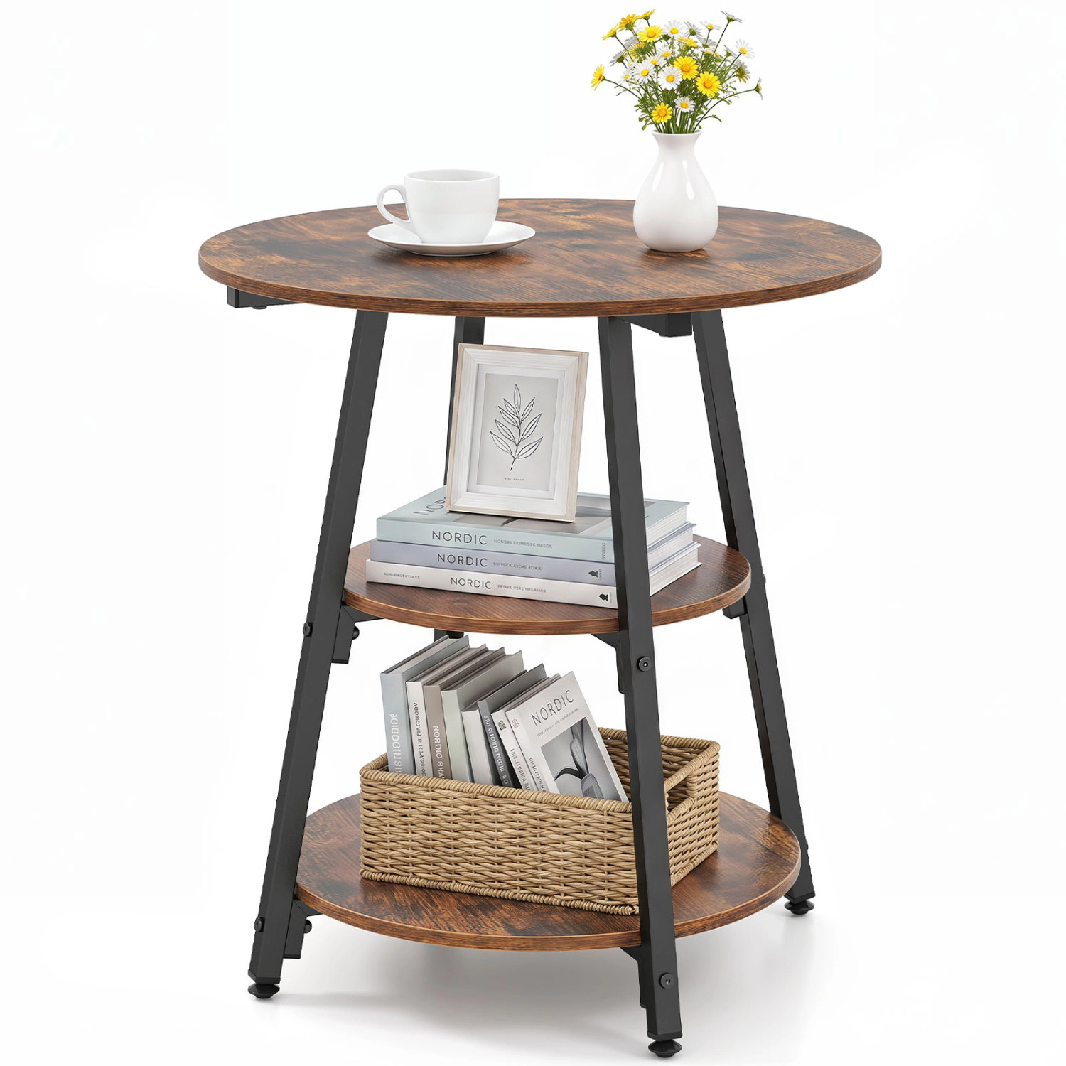 LJG Set of Industrial Side Tables with 3-Tier Shelves & Metal Frame for Small Space