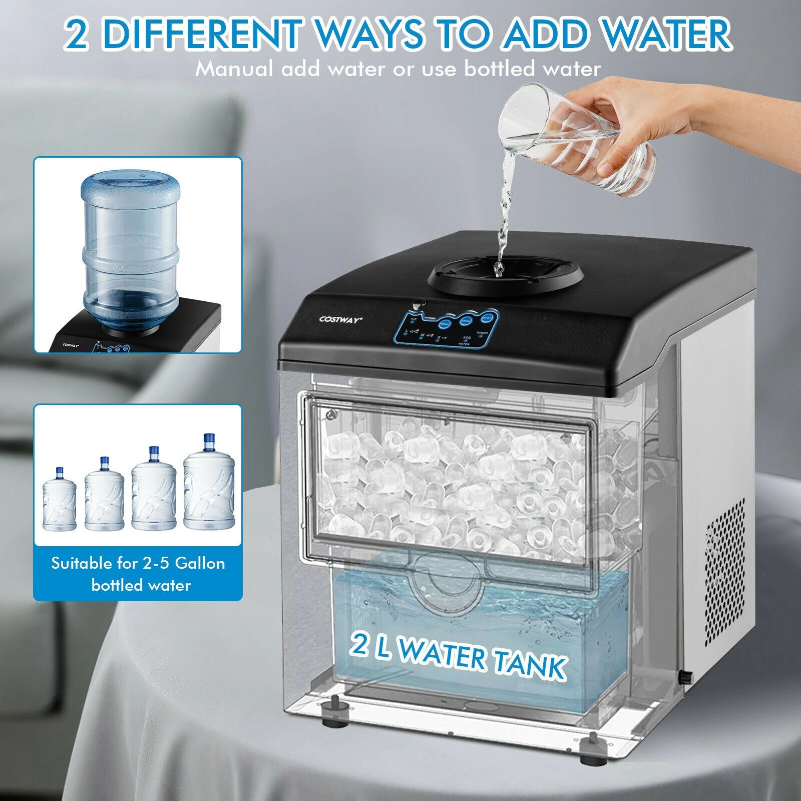 SlickBlue Silver Black Stainless Steel Ice Machine, 48 Lbs Daily
