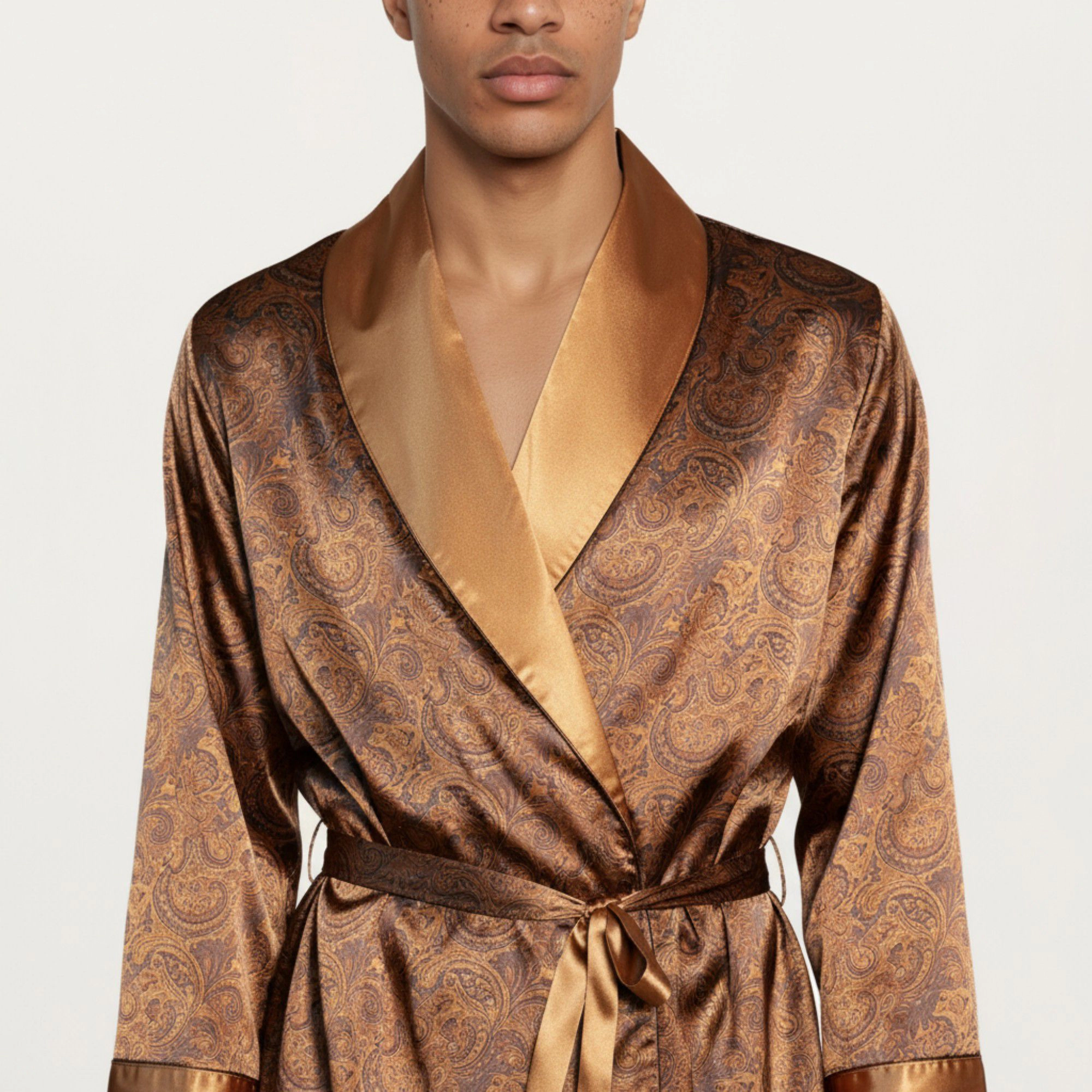 Anna-Kaci Men's Paisley Print Satin Robe with Contrast Shawl Collar and Waist Tie