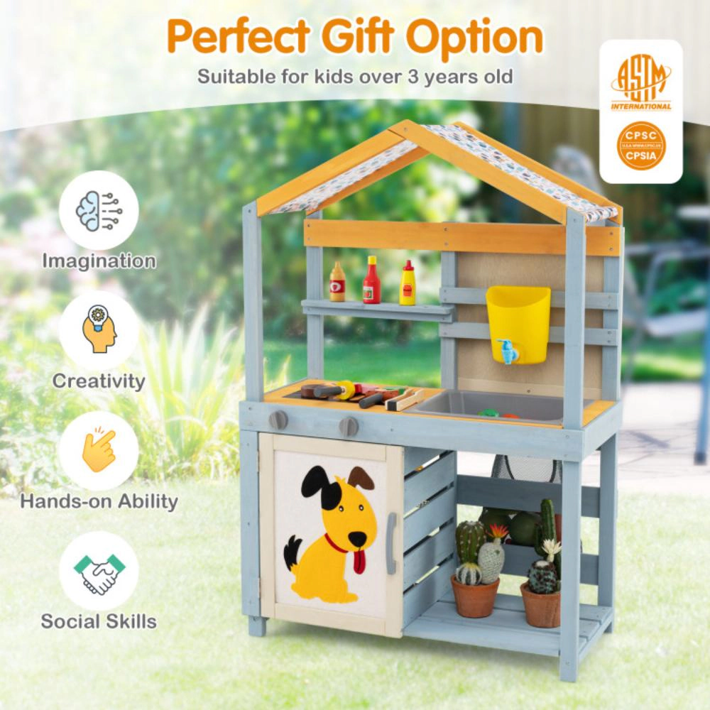 Hivvago 2 In 1 Wooden Mud Kitchen With Removable Water Box  And Storage Bag-Gray
