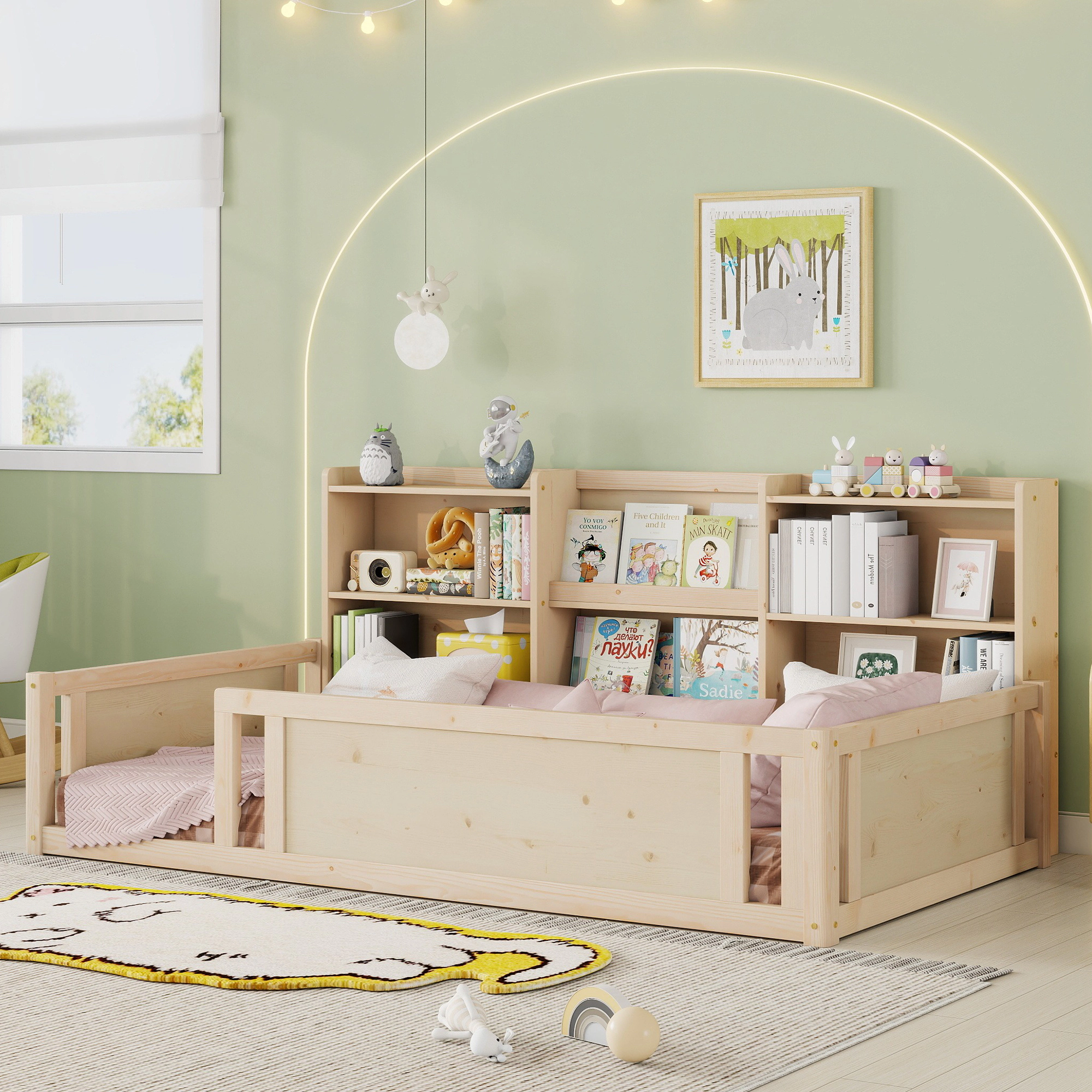 Flynama Twin Wooden Floor Bed, Guardrail Fence & Side Storage Shelves, Natural