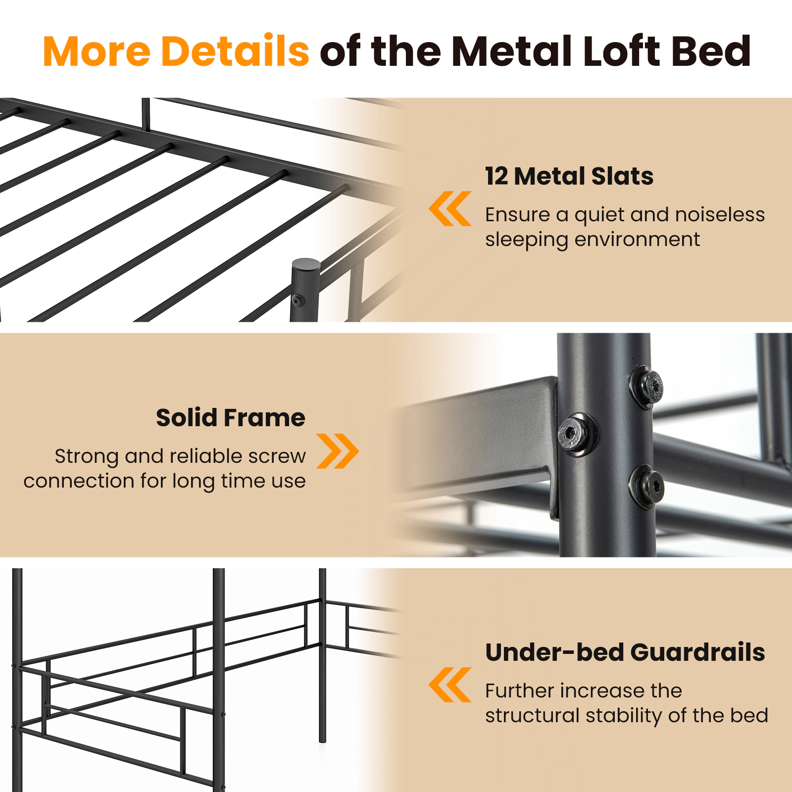 SUGIFT Metal Twin Loft Bed Frame with Guardrail and Ladder 330-lb Capacity Twin Size Black