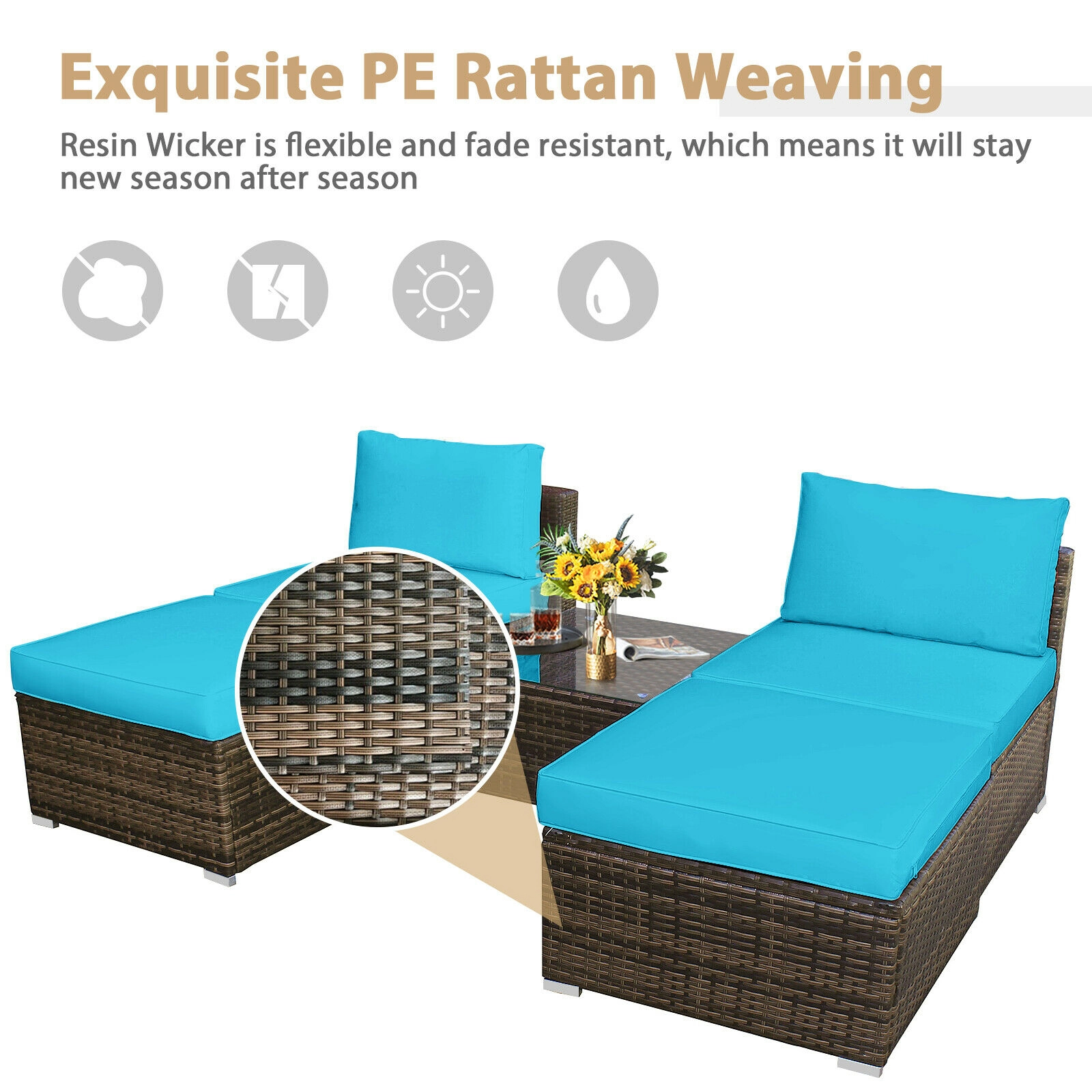 SUGIFT 5-Piece Turquoise PE Rattan Patio Set with 2 Armless Sofas, 2 Ottomans and Glass Table