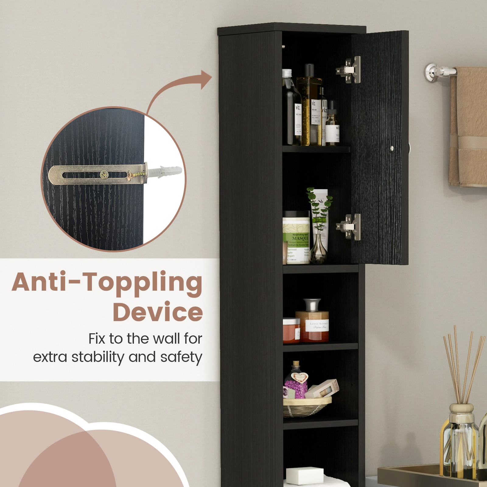 SUGIFT Slim Freestanding Bathroom Cabinet with Drawer and Adjustable Shelves 71-in Tall 110-lb Capacity Black