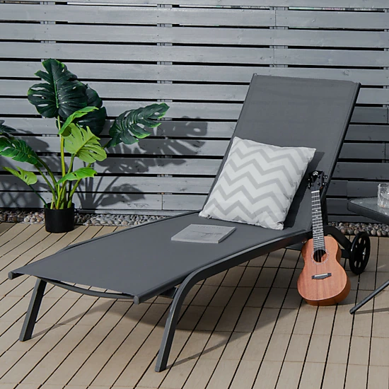 SUGIFT 6-Position Outdoor Chaise Recliner, Gray, Wheels, Quick-Drying Fabric, Steel Frame