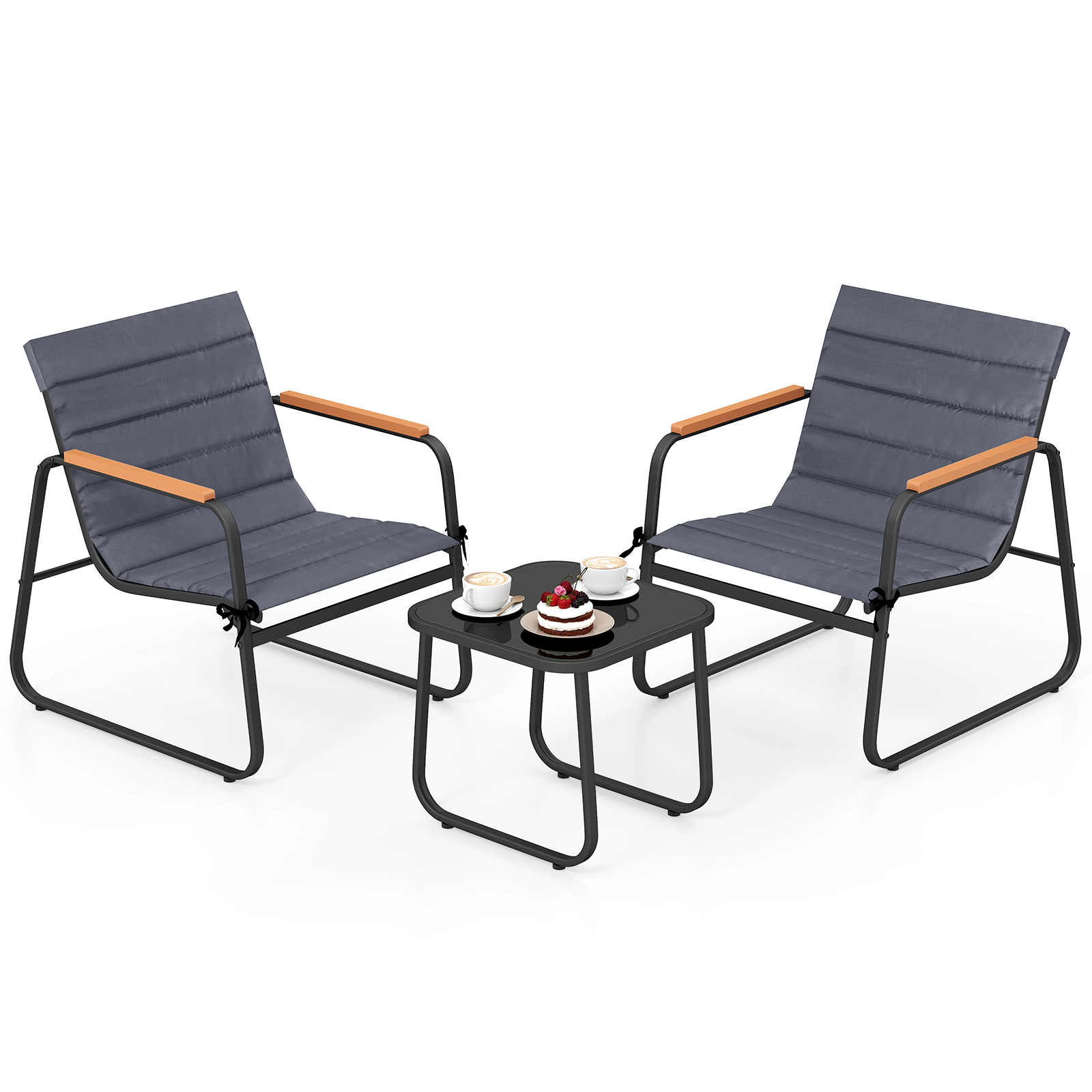 SUGIFT 3-Piece Gray Patio Bistro Set with Cushioned Chairs and Tempered Glass Table