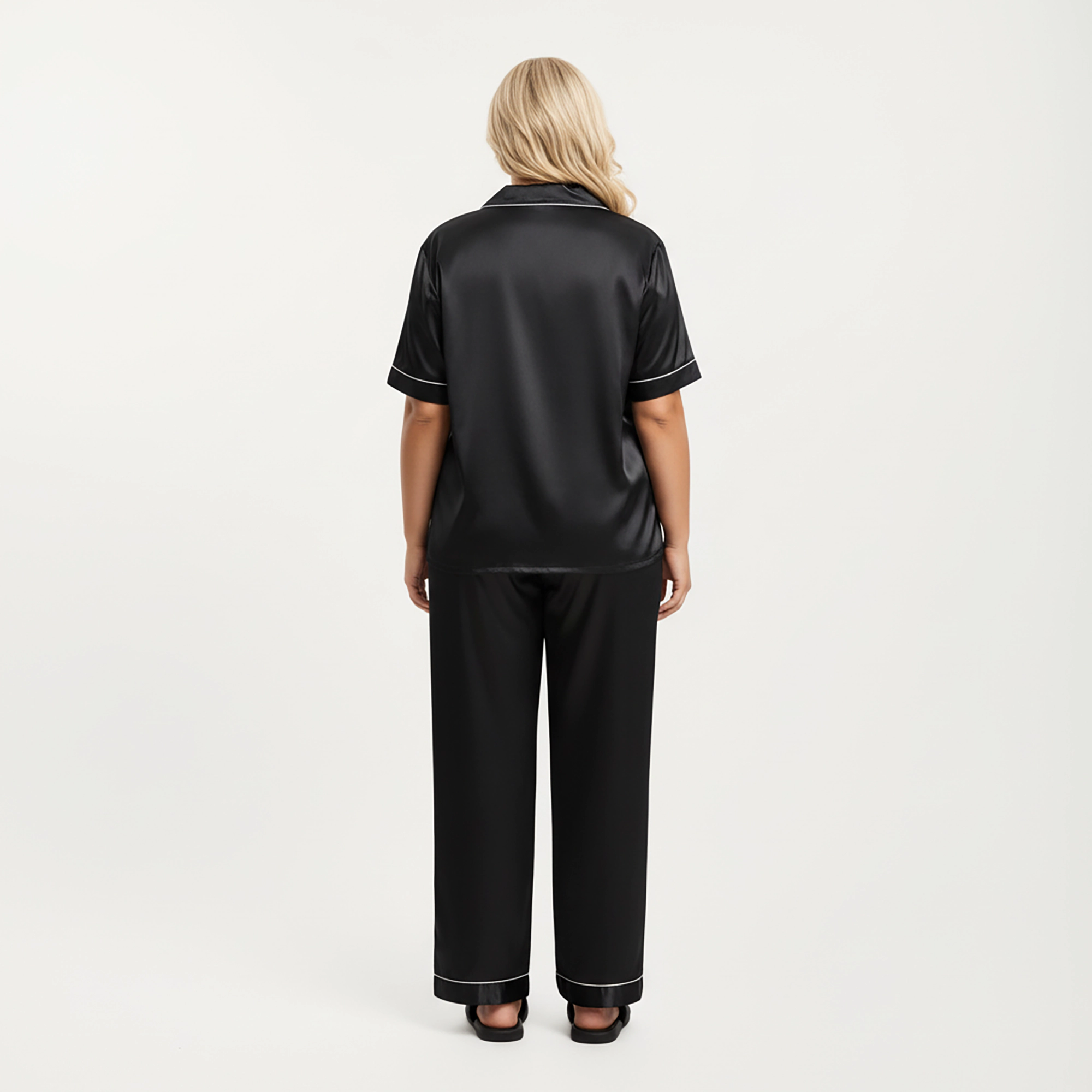 Anna-Kaci Women's Plus Satin Pajama Set with Short Sleeve Button Front Top and Relaxed Straight Leg Pants